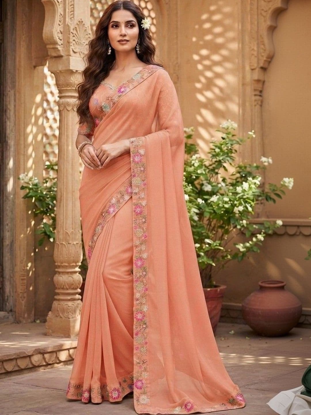 SmileyFashion Floral Embroidered Art Silk Saree - view 1
