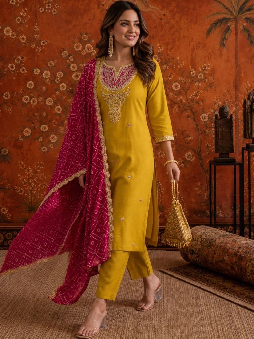 Sangria Women Ethnic Motifs Embroidered Regular Thread Work Kurta with Trousers & With Dupatta - view 1