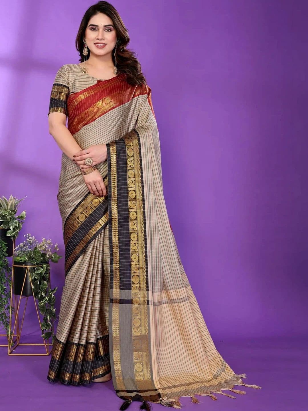 all about you Checked Zari Silk Blend Designer Saree - view 1