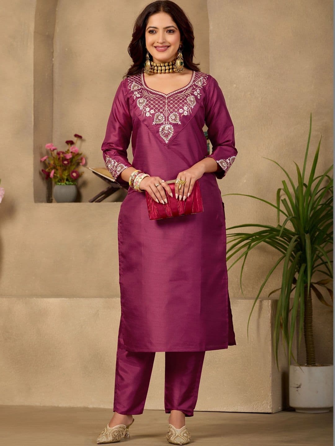 Sangria Embroidered Tunic with Trousers - view 1