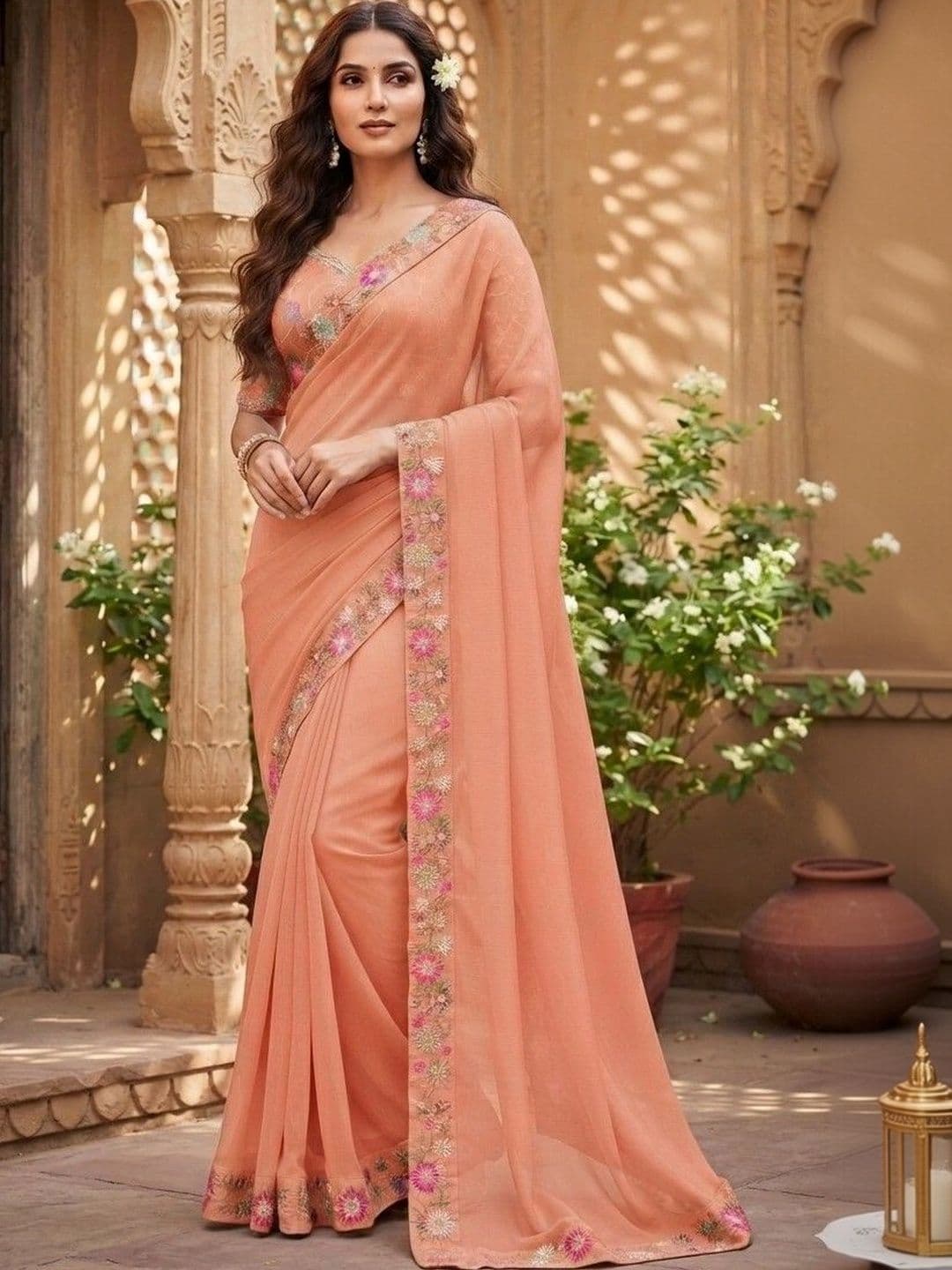 SmileyFashion Floral Embroidered Art Silk Saree thumbnail 2