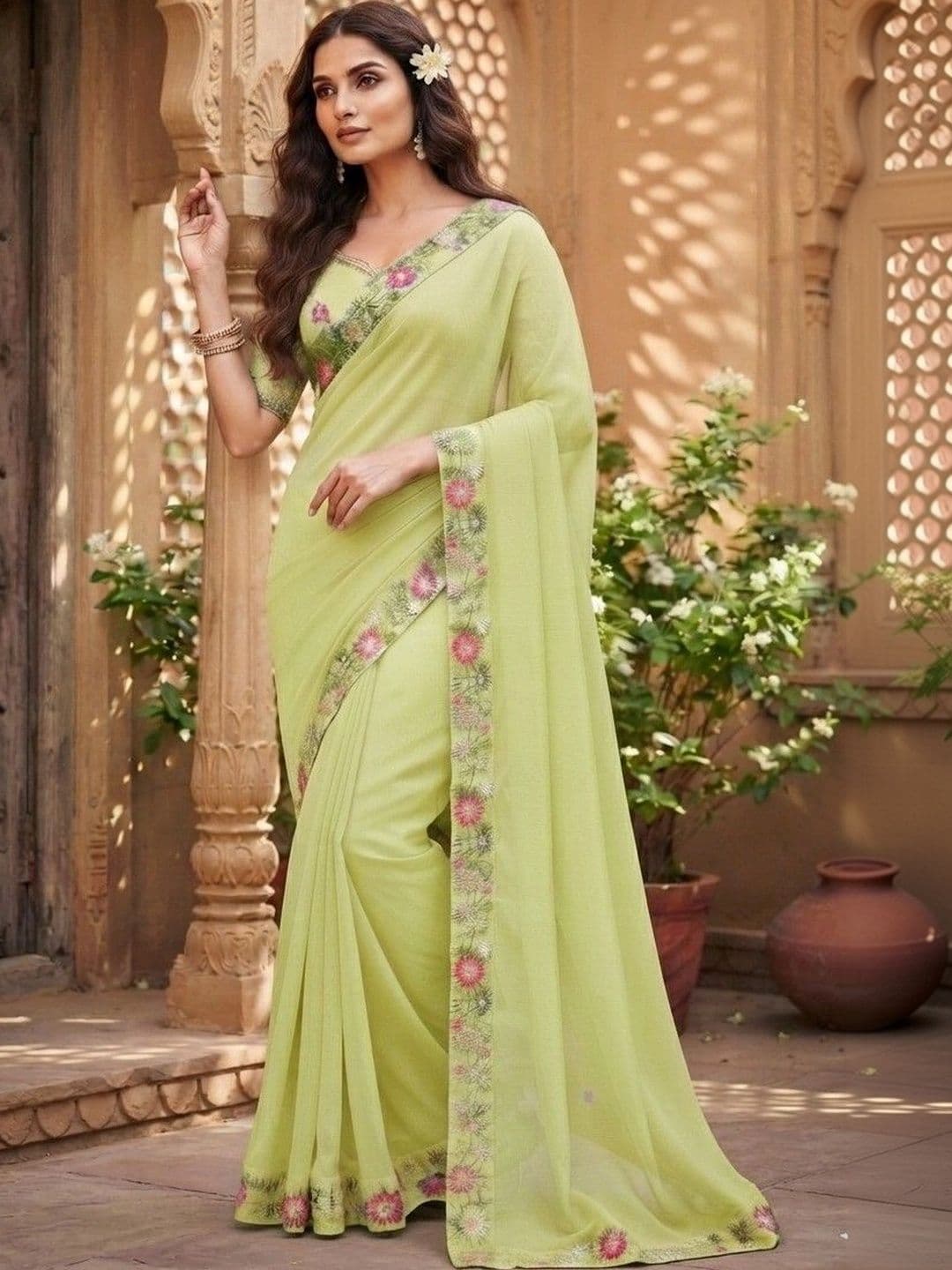 SmileyFashion Floral Embroidered Art Silk Saree thumbnail 2
