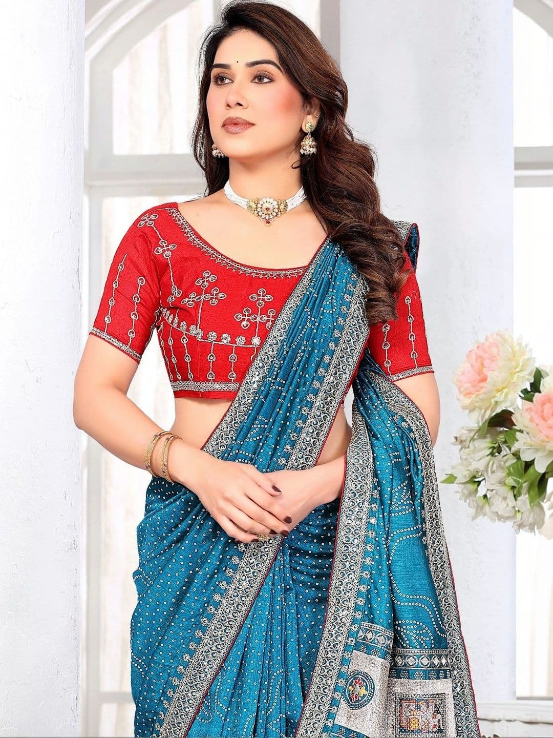 SmileyFashion Bandhani Embroidered Art Silk Designer Saree thumbnail 5