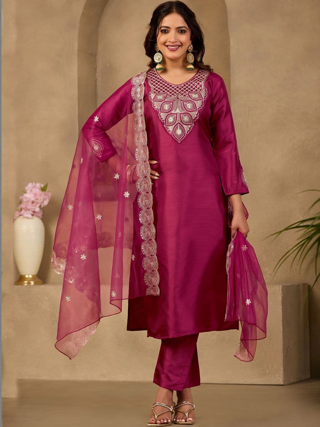 Sangria Women Ethnic Motifs Embroidered Regular Thread Work Kurta with Trousers & With Dupatta - view 1