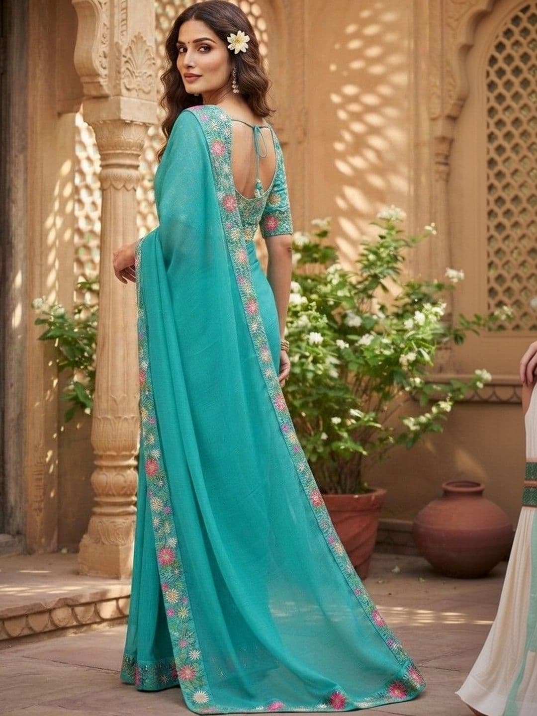 SmileyFashion Floral Embroidered Art Silk Saree thumbnail 4