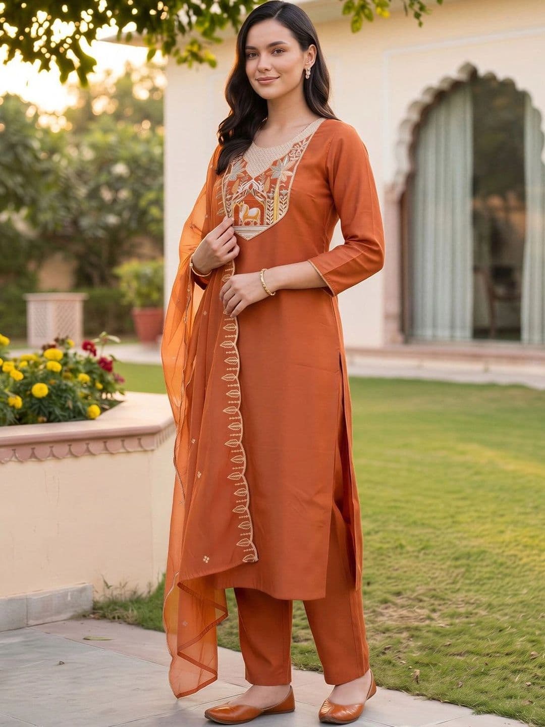 Indo Era Women Ethnic Motifs Embroidered Regular Thread Work Kurta with Trousers & With Dupatta thumbnail 6