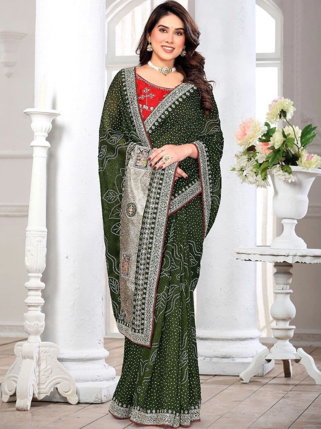 SmileyFashion Bandhani Embroidered Art Silk Designer Saree - view 1