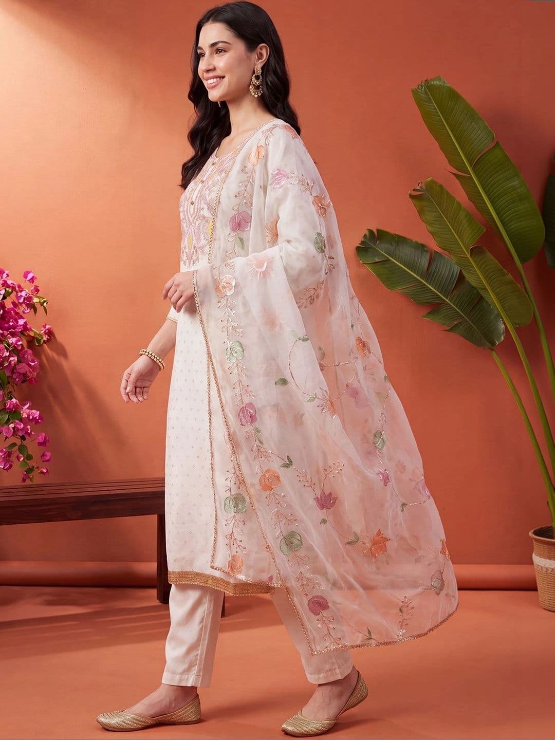 Indo Era Women Ethnic Motifs Embroidered Regular Thread Work Kurta with Trousers & With Dupatta thumbnail 2