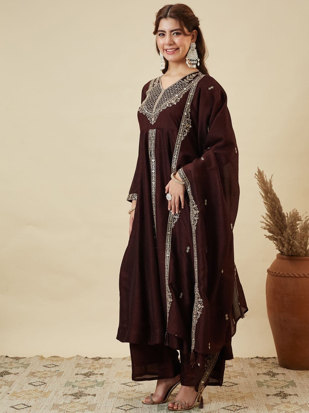 Colors  of Earth Colors of Earth Silk Embroidered Anarkali Kurta And Palazzo Set With Dupatta thumbnail 5