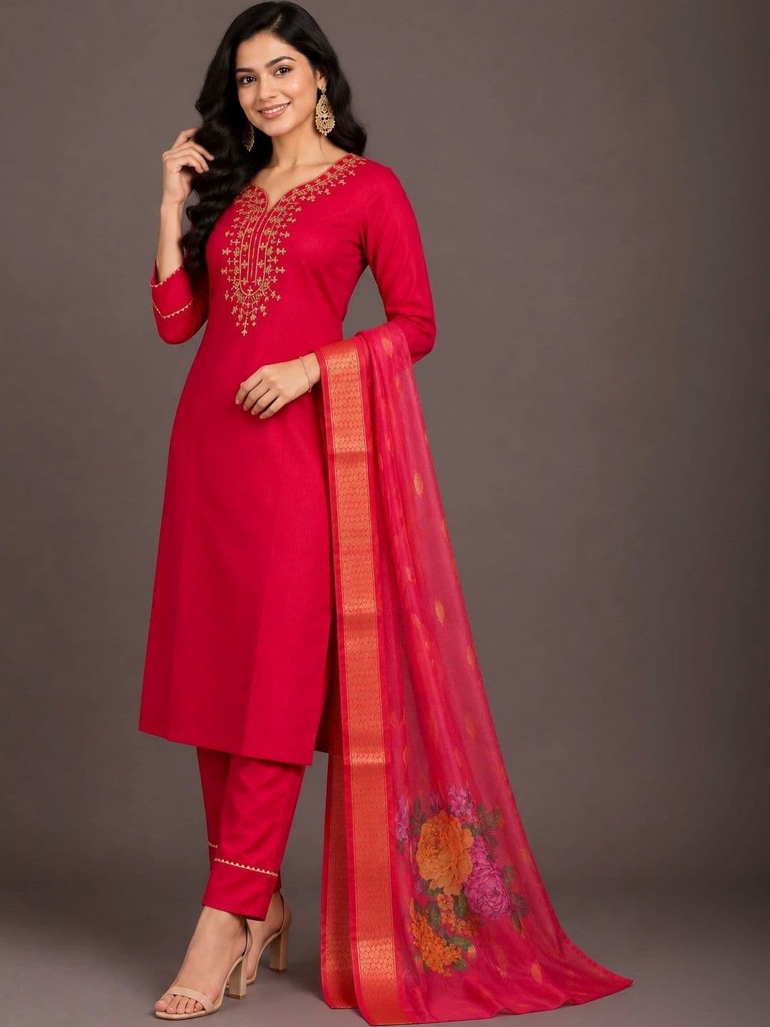 AALO FASHIONS Women Ethnic Motifs Embroidered Regular Thread Work Kurta with Trousers & With Dupatta - view 1