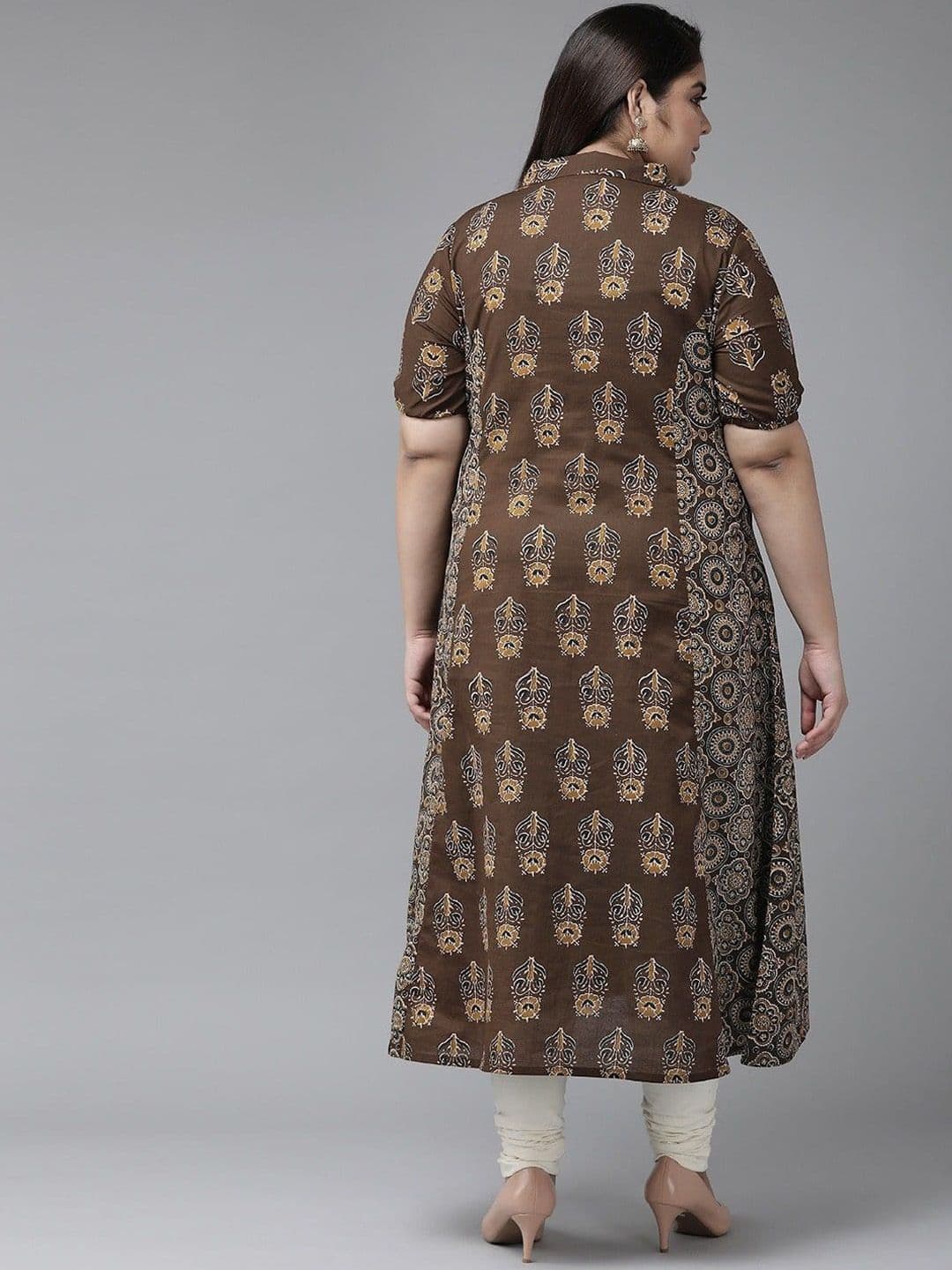 KALINI Plus Size Floral Printed Shirt Collar Cotton A Line Kurta thumbnail 2