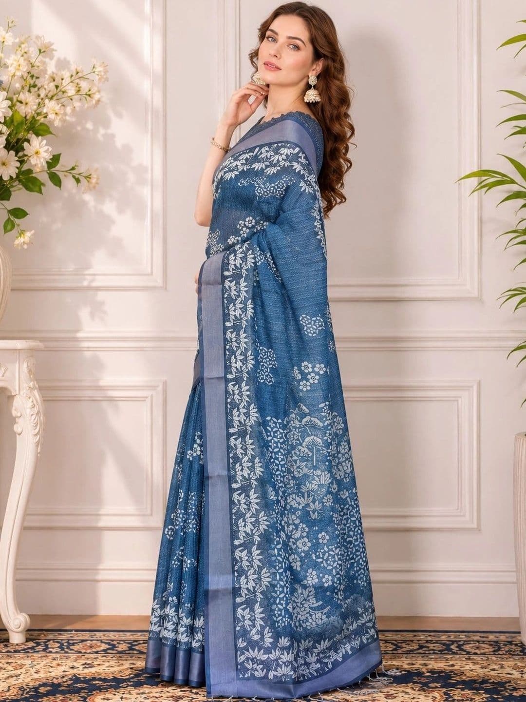 V3 FASHION STUDIO Floral Zari Linen Blend Block Print Saree thumbnail 7