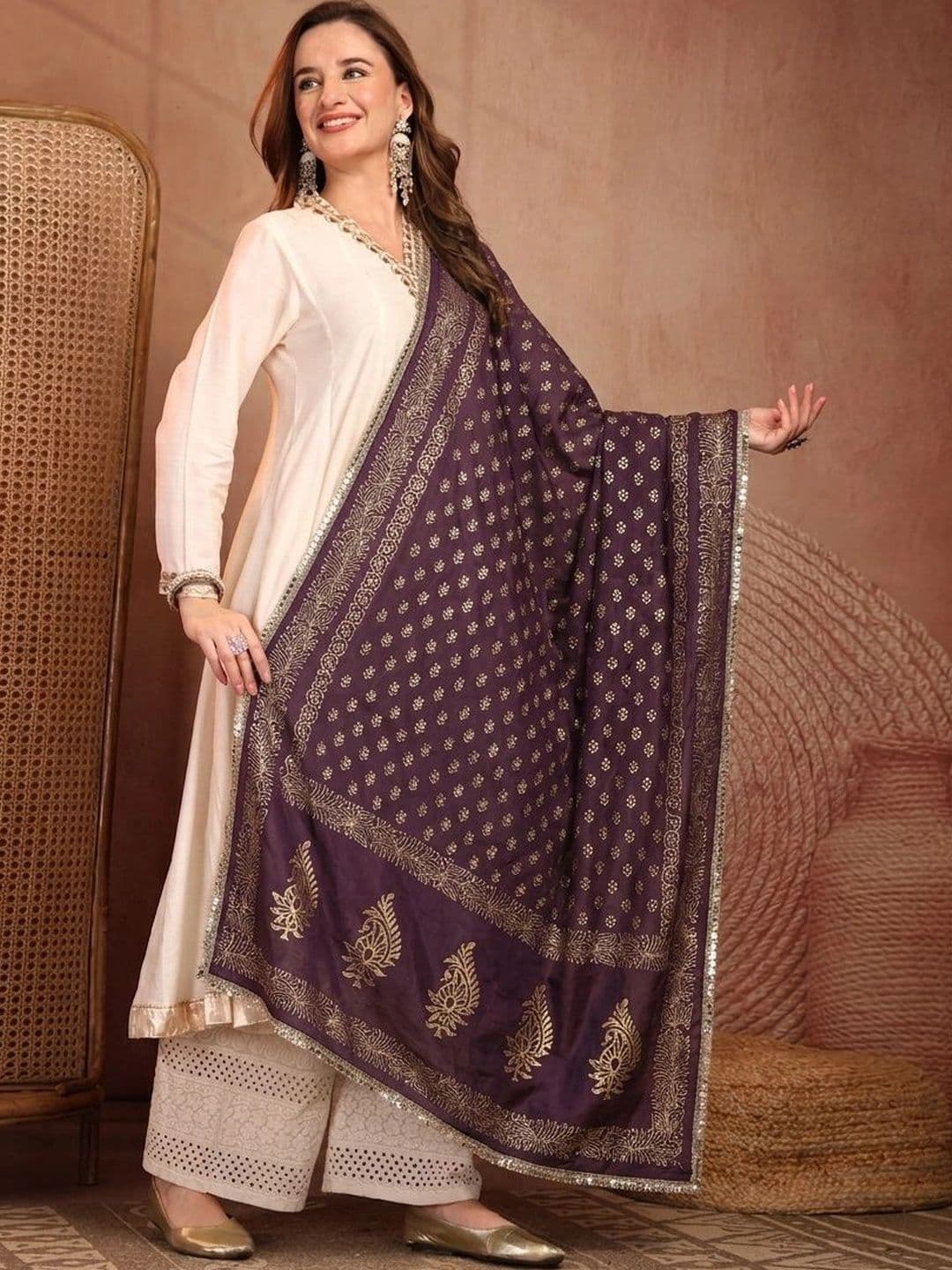 Clora Creation Ethnic Motifs Printed Foil Print Dupatta with Mirror Work thumbnail 2