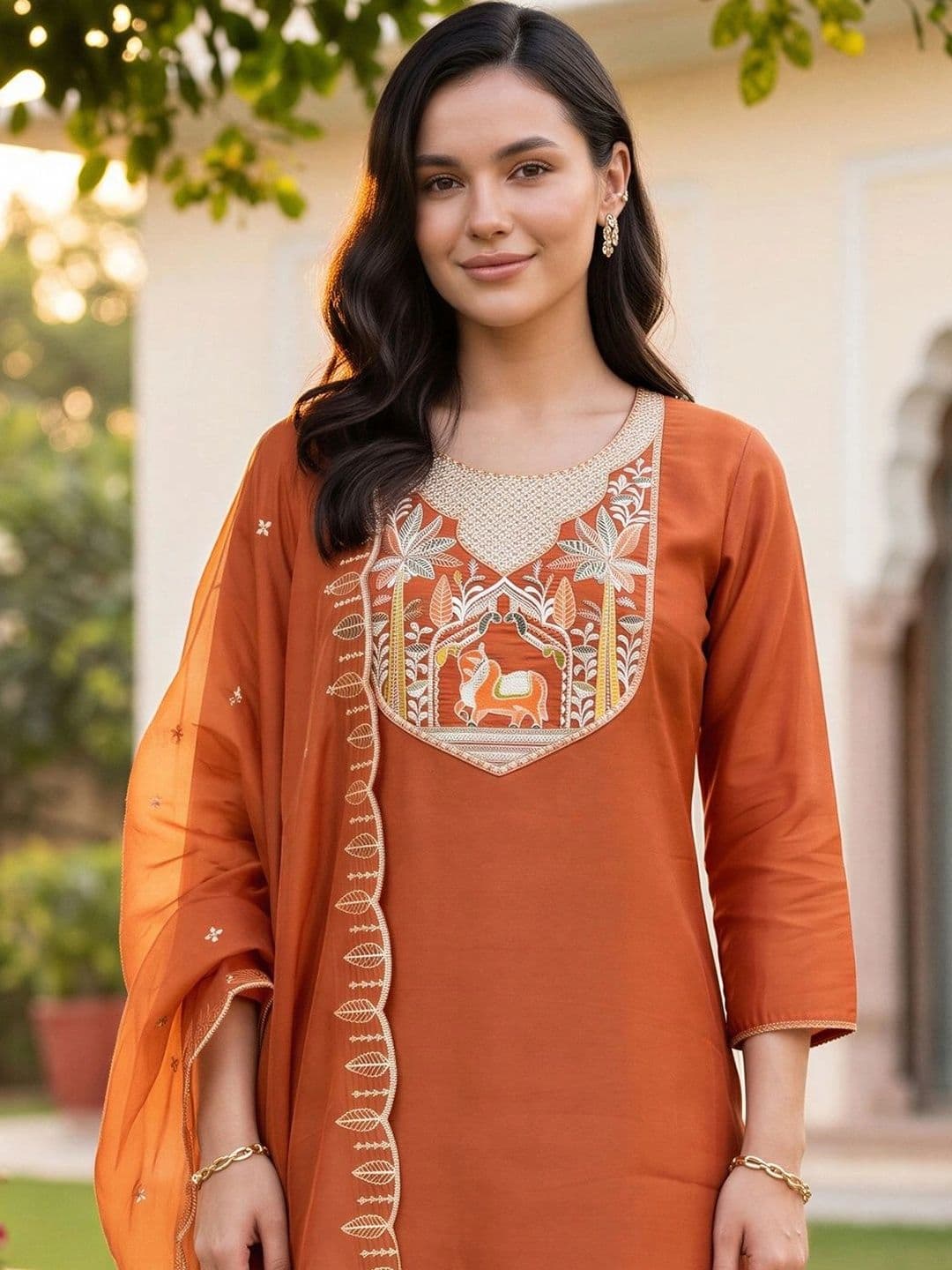 Indo Era Women Ethnic Motifs Embroidered Regular Thread Work Kurta with Trousers & With Dupatta thumbnail 2
