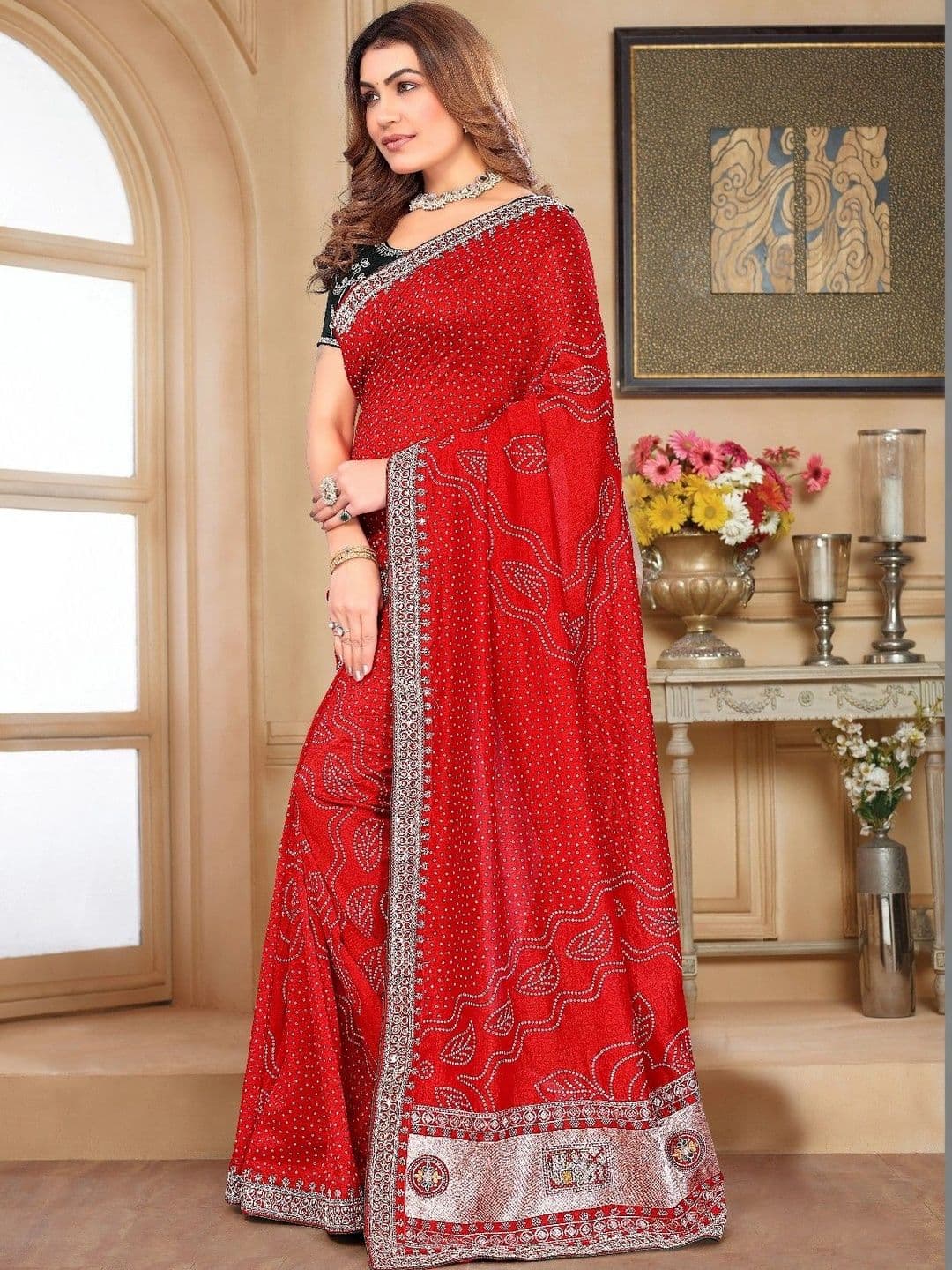 SmileyFashion Bandhani Embroidered Art Silk Designer Saree thumbnail 6