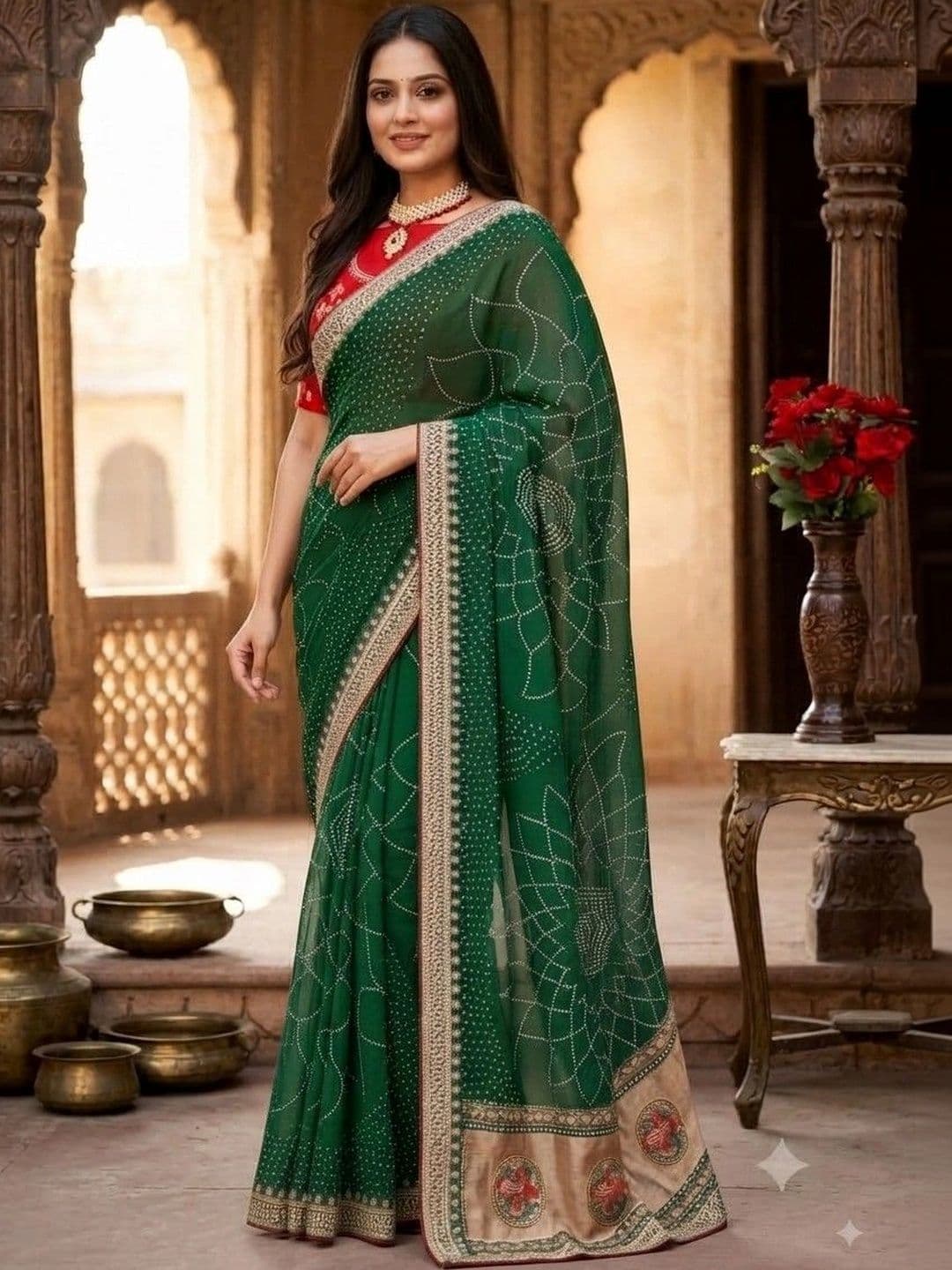 SmileyFashion Bandhani Embroidered Art Silk Designer Saree thumbnail 2