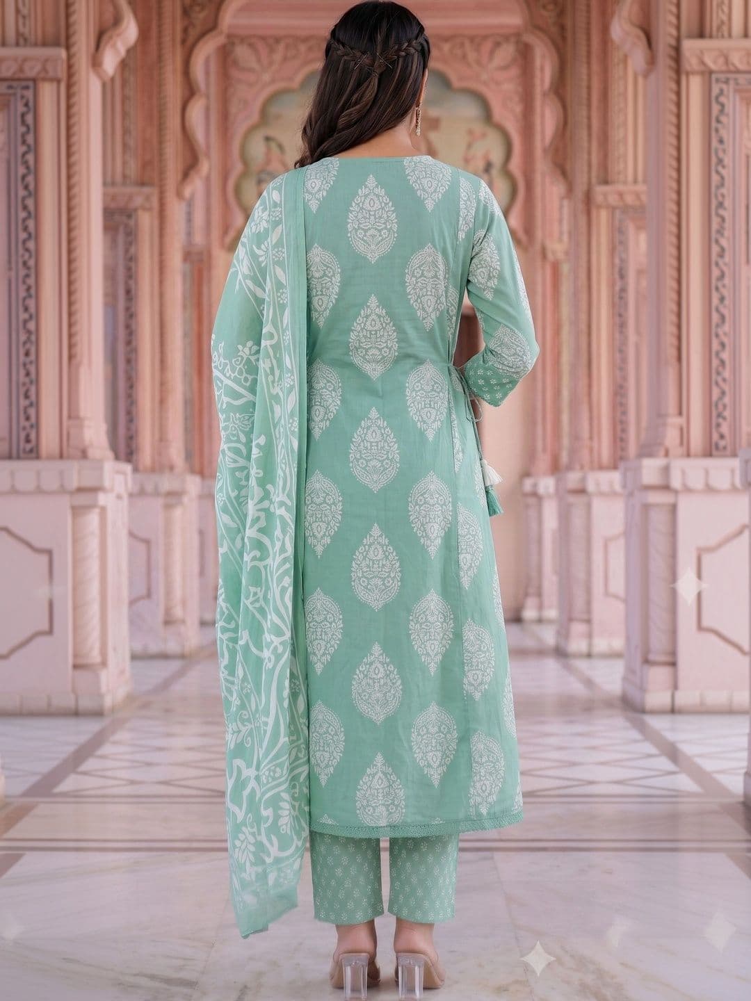 KALINI Women Ethnic Motifs Printed Angrakha Sequinned Pure Cotton Kurta with Trousers & With Dupatta thumbnail 2