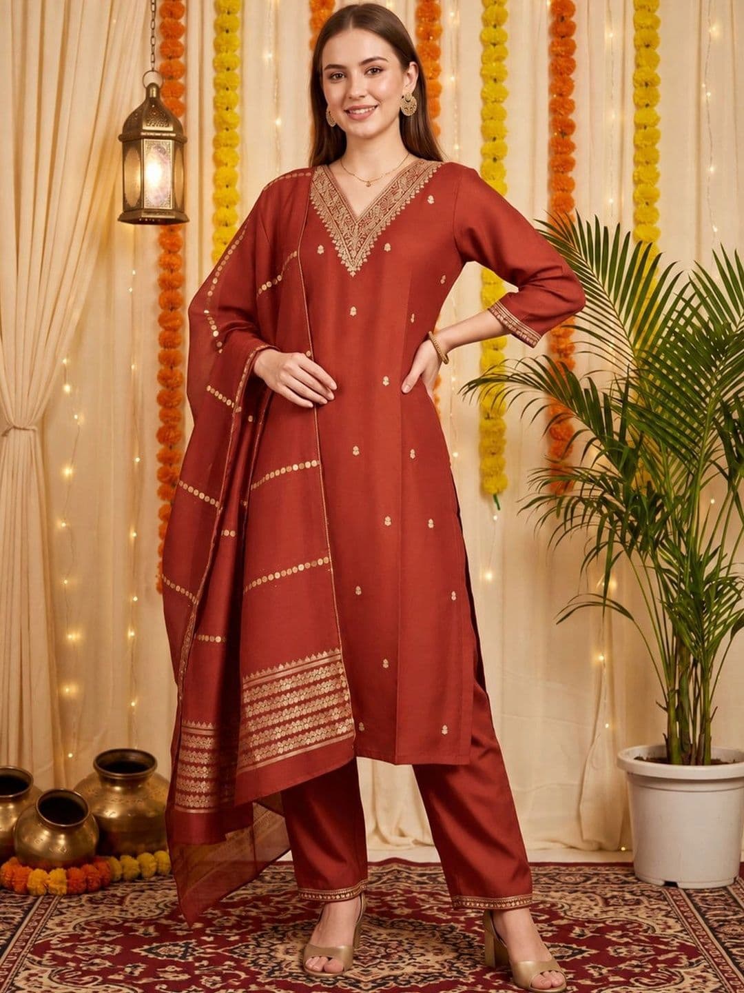 Indo Era Women Ethnic Motifs Embroidered Regular Kurta with Trousers & With Dupatta thumbnail 2
