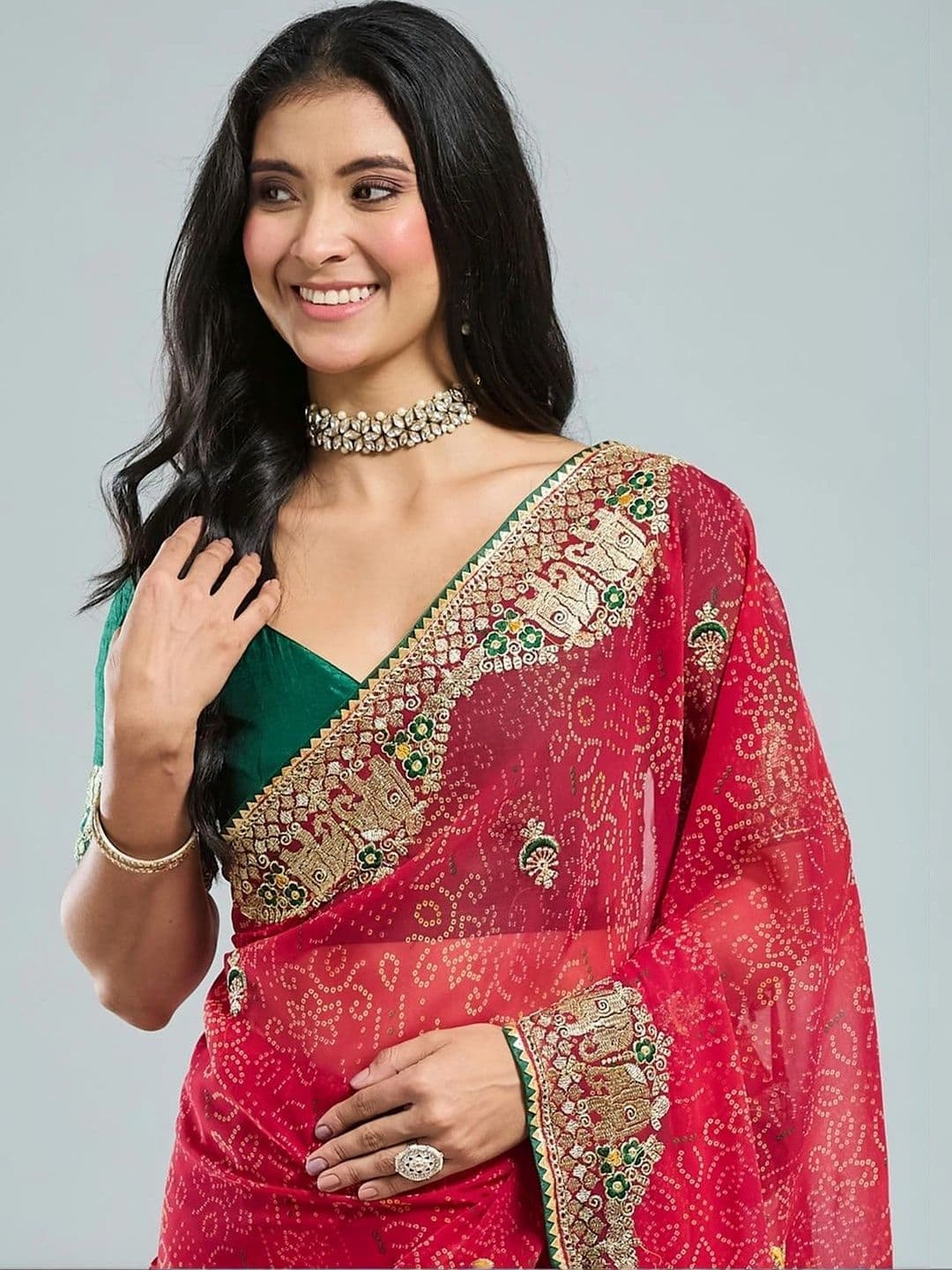 SAMANTHA Women Bandhani Embroidered Poly Georgette Saree thumbnail 2