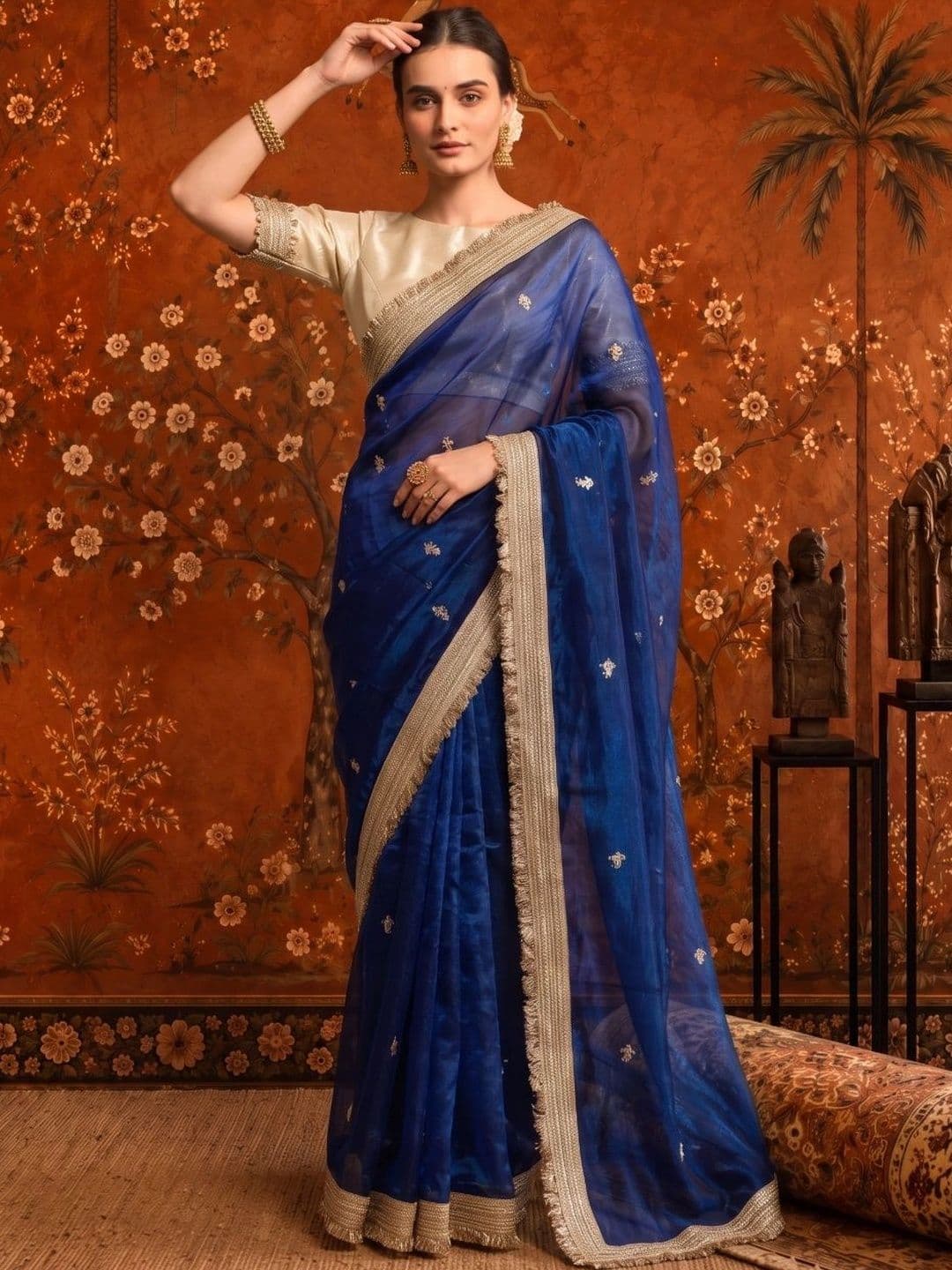 Sangria Embellished Embroidered Satin Saree thumbnail 5