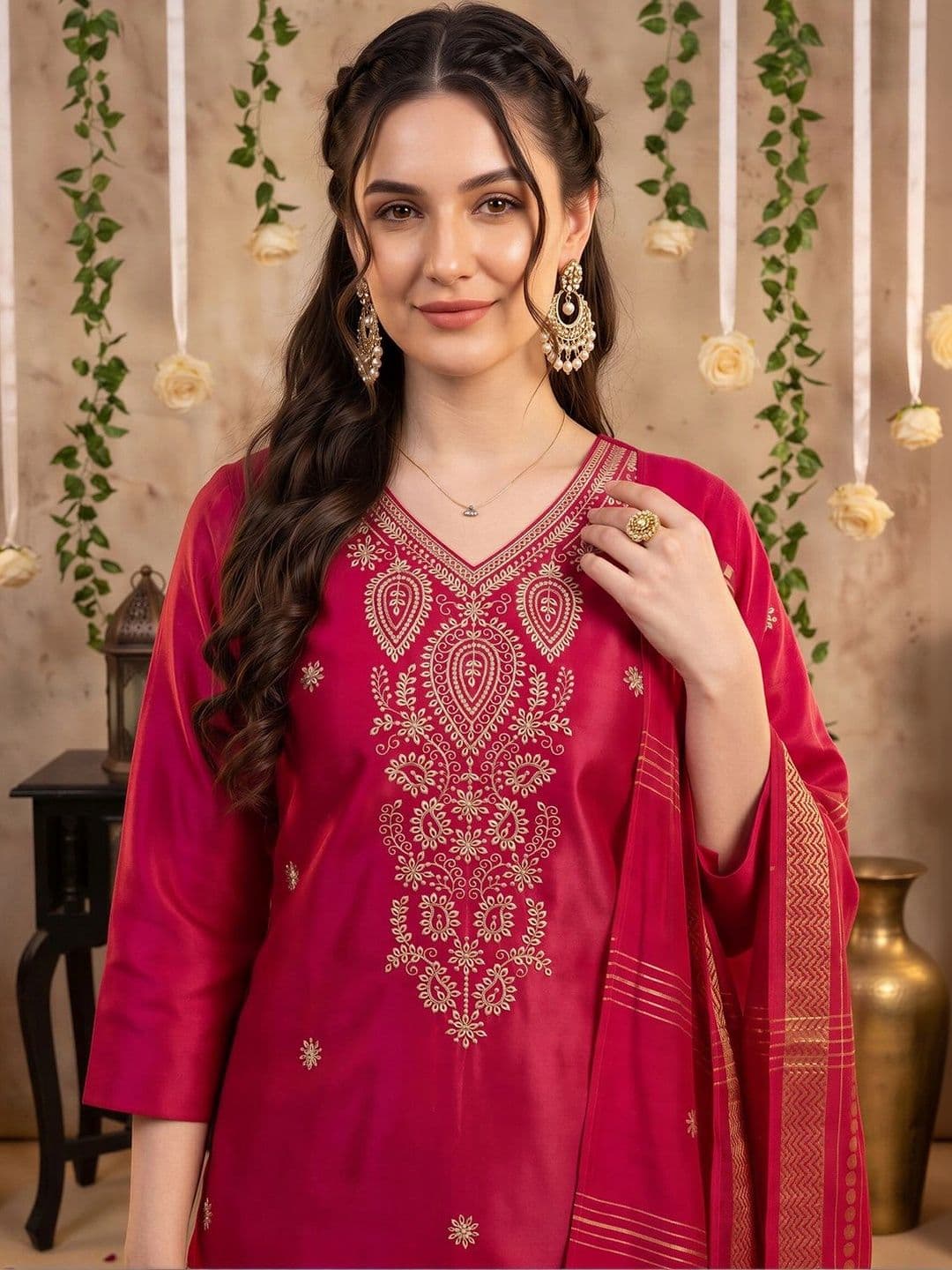 Indo Era Women Ethnic Motifs Embroidered Regular Thread Work Kurta with Trousers & With Dupatta thumbnail 3