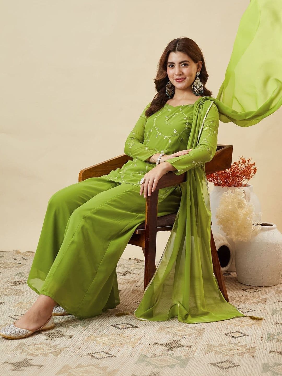 MOKOSH Women Ethnic Motifs Embroidered Regular Thread Work Kurta with Palazzos & With Dupatta thumbnail 3