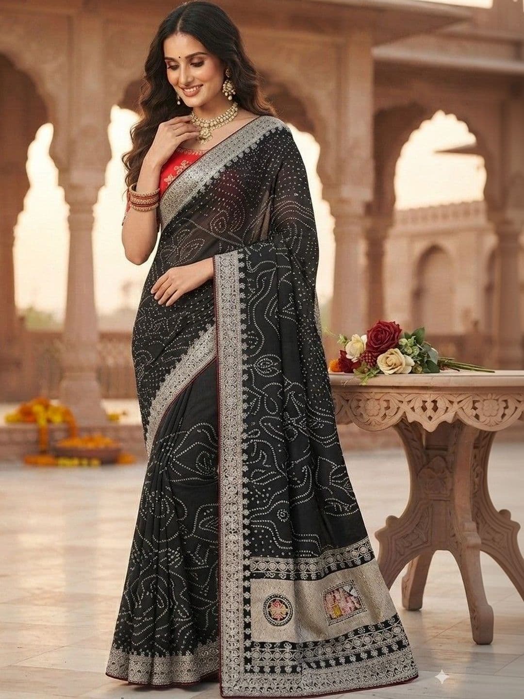 SmileyFashion Bandhani Embroidered Art Silk Designer Saree thumbnail 4