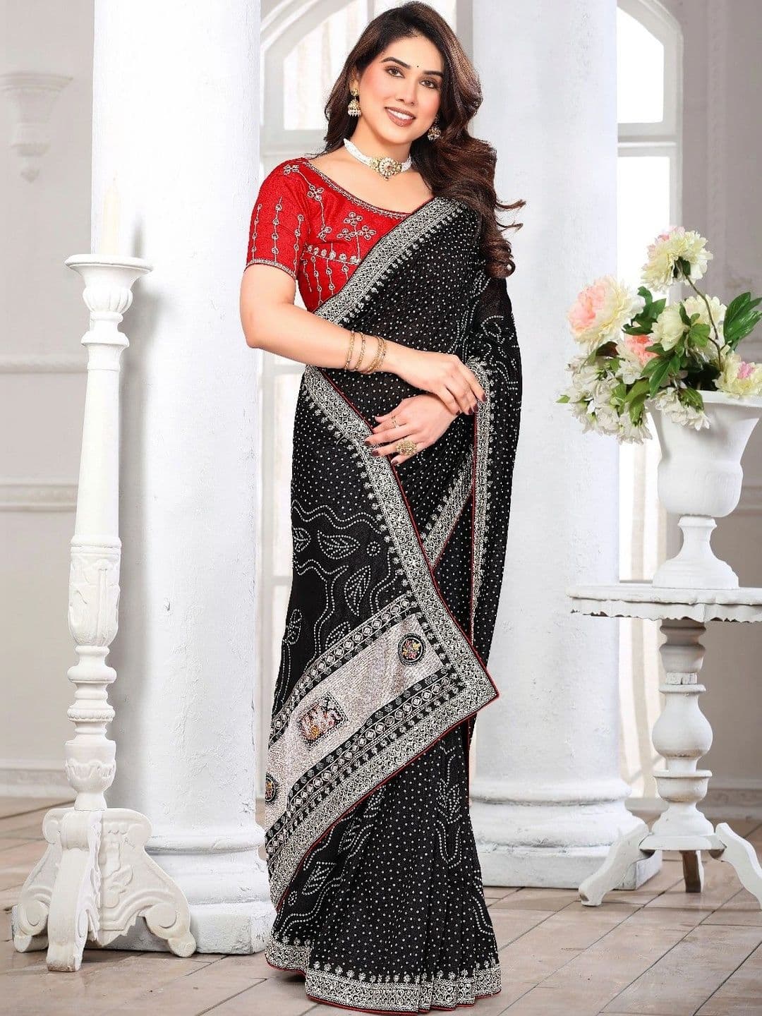 SmileyFashion Bandhani Embroidered Art Silk Designer Saree thumbnail 5