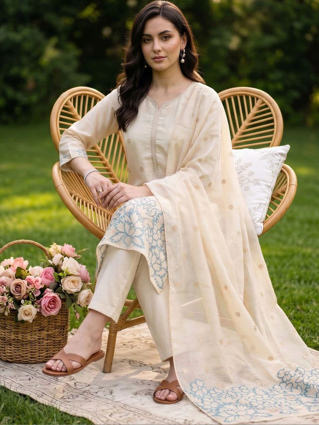Indo Era Women Ethnic Motifs Embroidered Regular Thread Work Kurta with Trousers & With Dupatta thumbnail 5