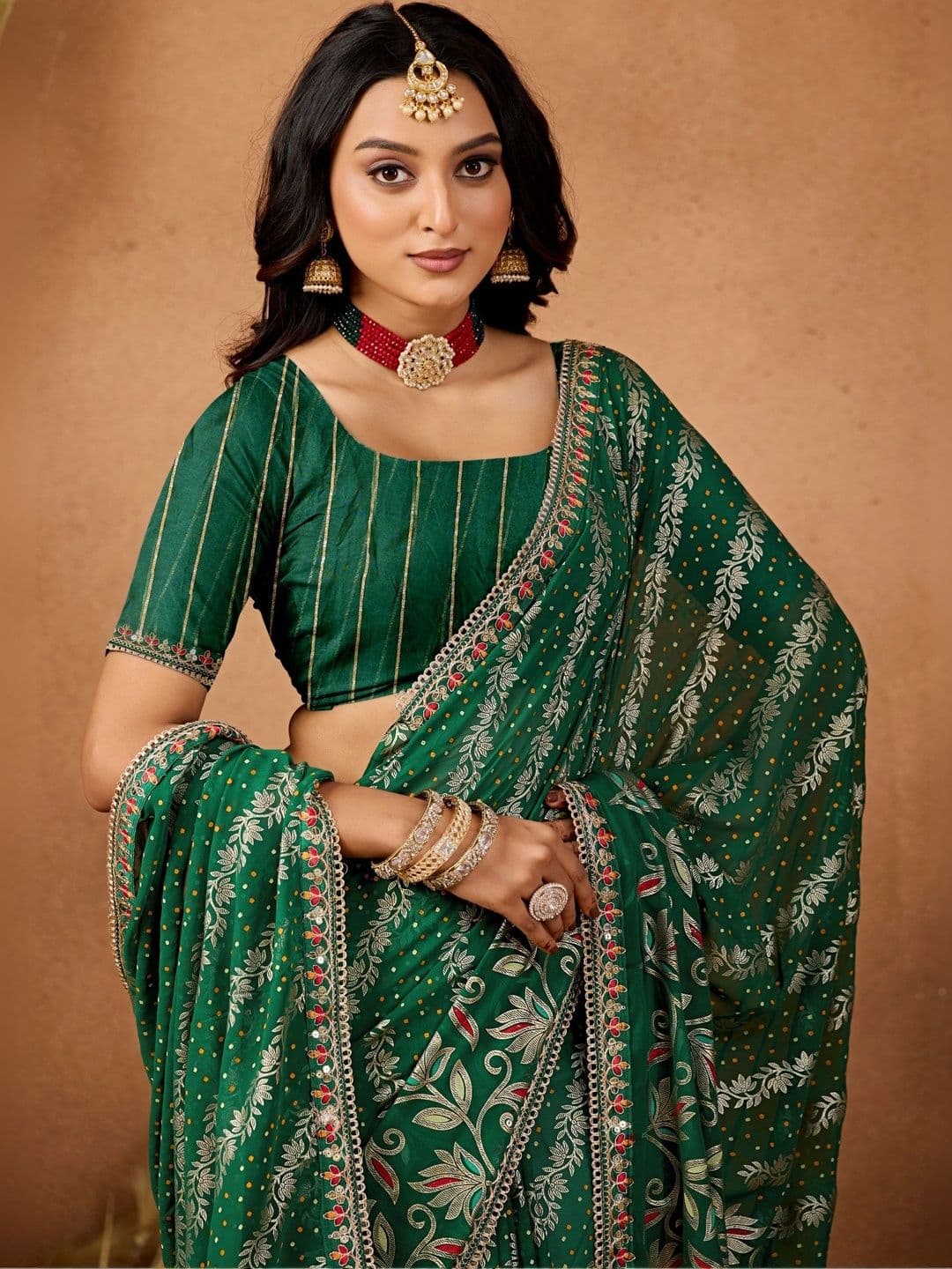 KALINI Floral Embroidered Poly Georgette Designer Bandhani Saree thumbnail 2