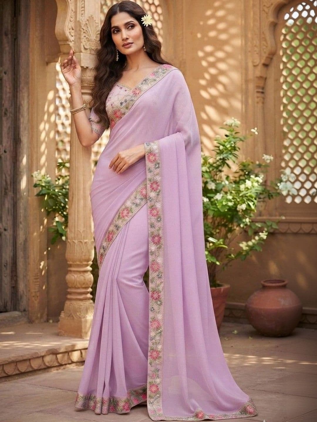 SmileyFashion Floral Embroidered Art Silk Saree thumbnail 4