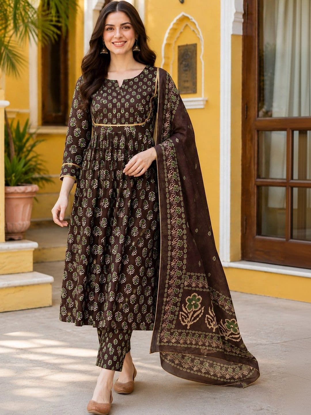HIVA TRENDZ Women Ethnic Motifs Empire Pure Cotton Kurta with Trousers & With Dupatta thumbnail 4