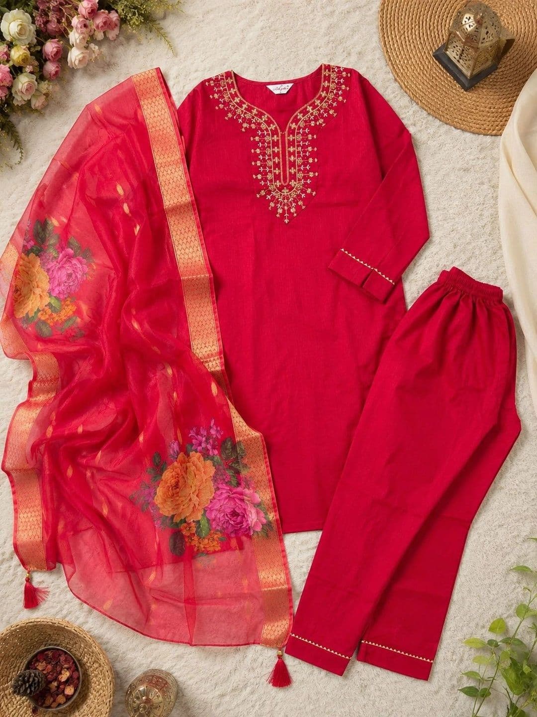 AALO FASHIONS Women Ethnic Motifs Embroidered Regular Thread Work Kurta with Trousers & With Dupatta thumbnail 5