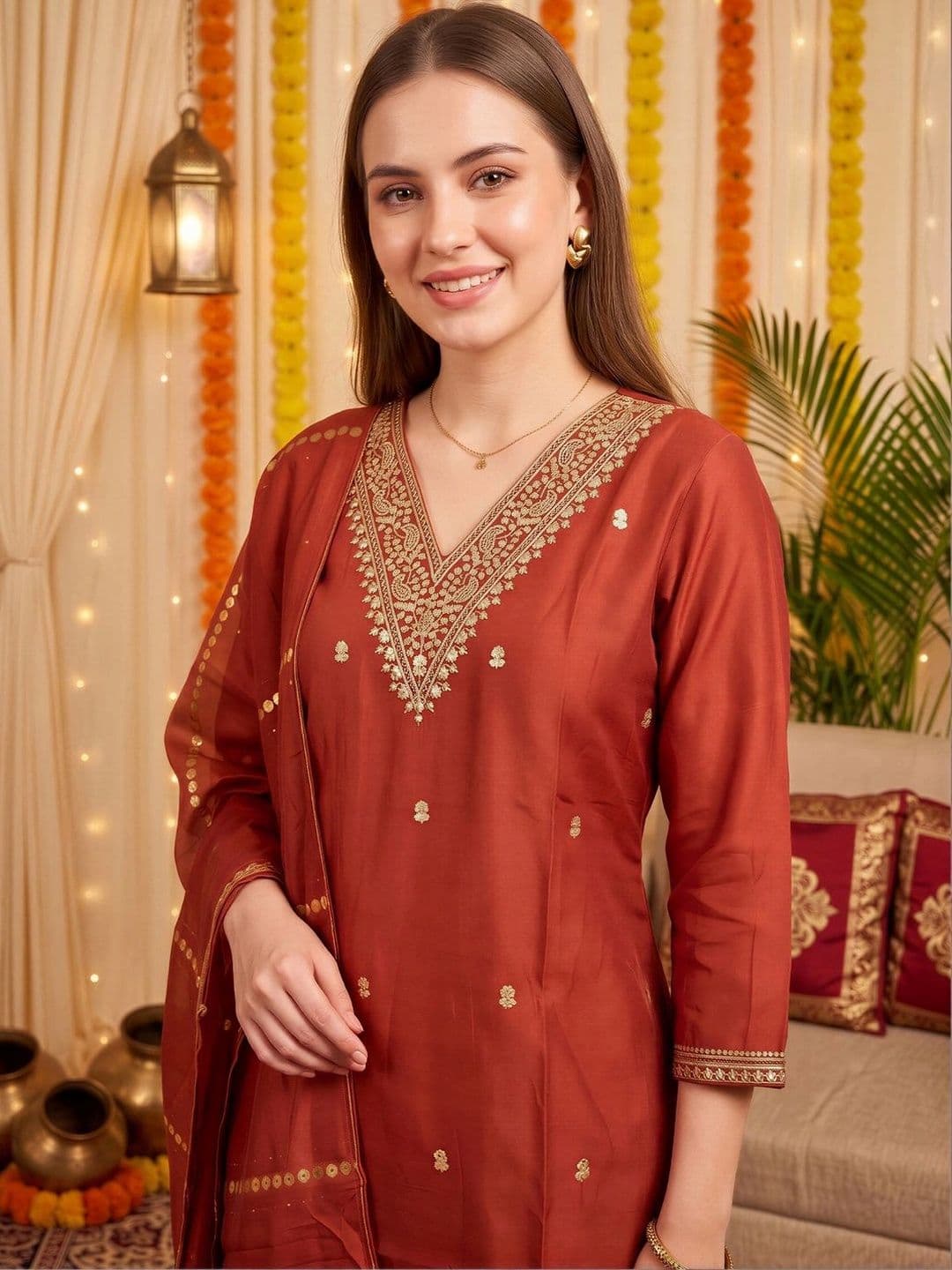 Indo Era Women Ethnic Motifs Embroidered Regular Kurta with Trousers & With Dupatta thumbnail 4