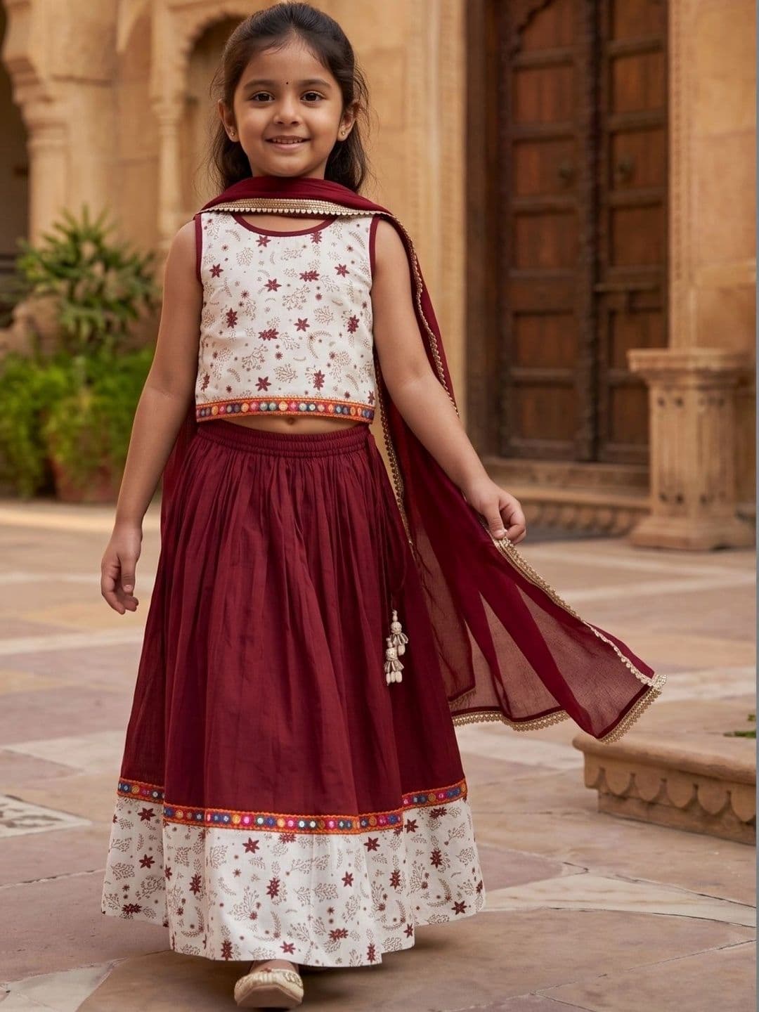 Desi Soota Girls Printed Mirror Work Ready to Wear Lehenga & Blouse With Dupatta thumbnail 6