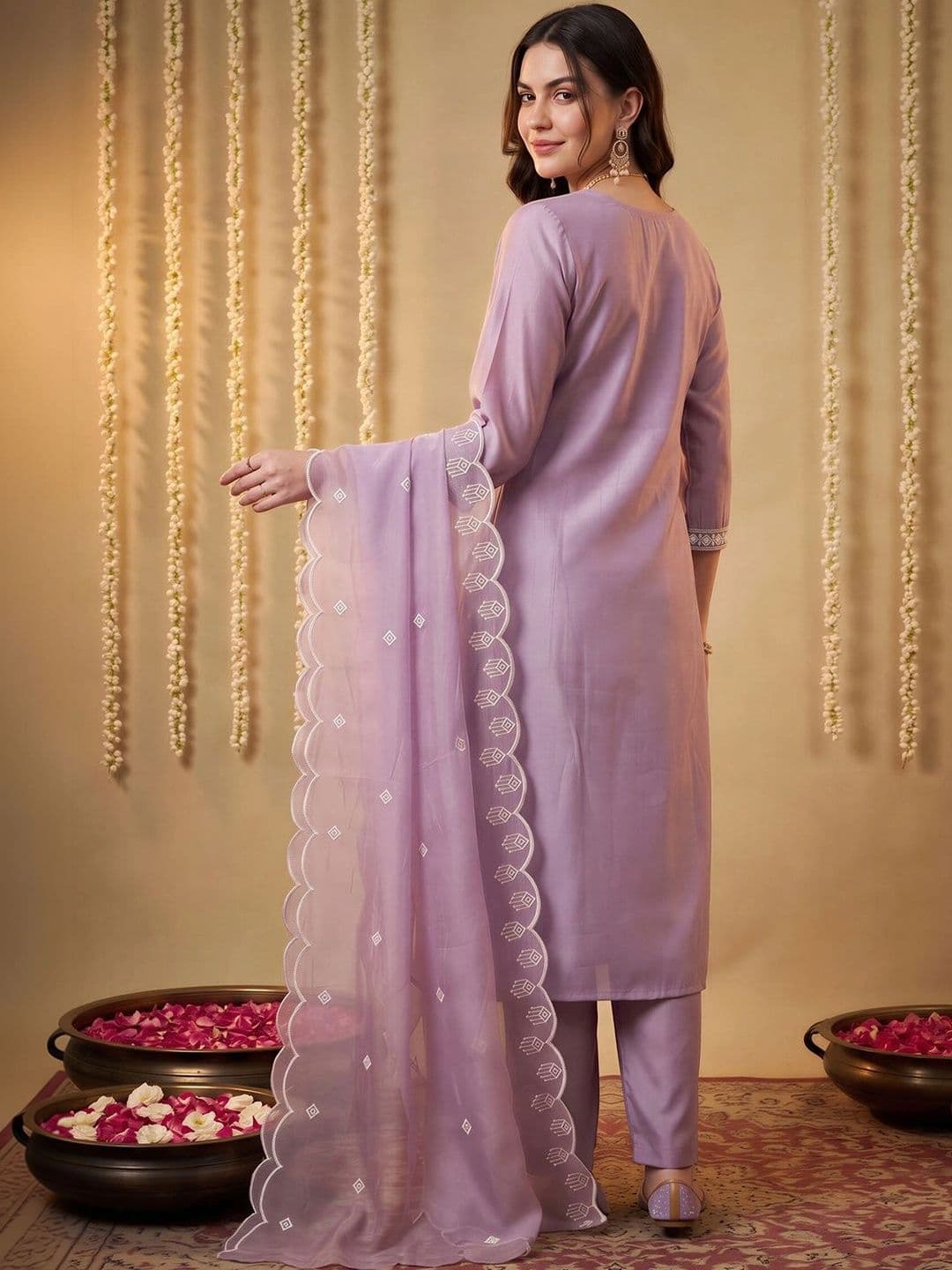 Indo Era Women Ethnic Motifs Embroidered Regular Thread Work Kurta with Trousers & With Dupatta thumbnail 5