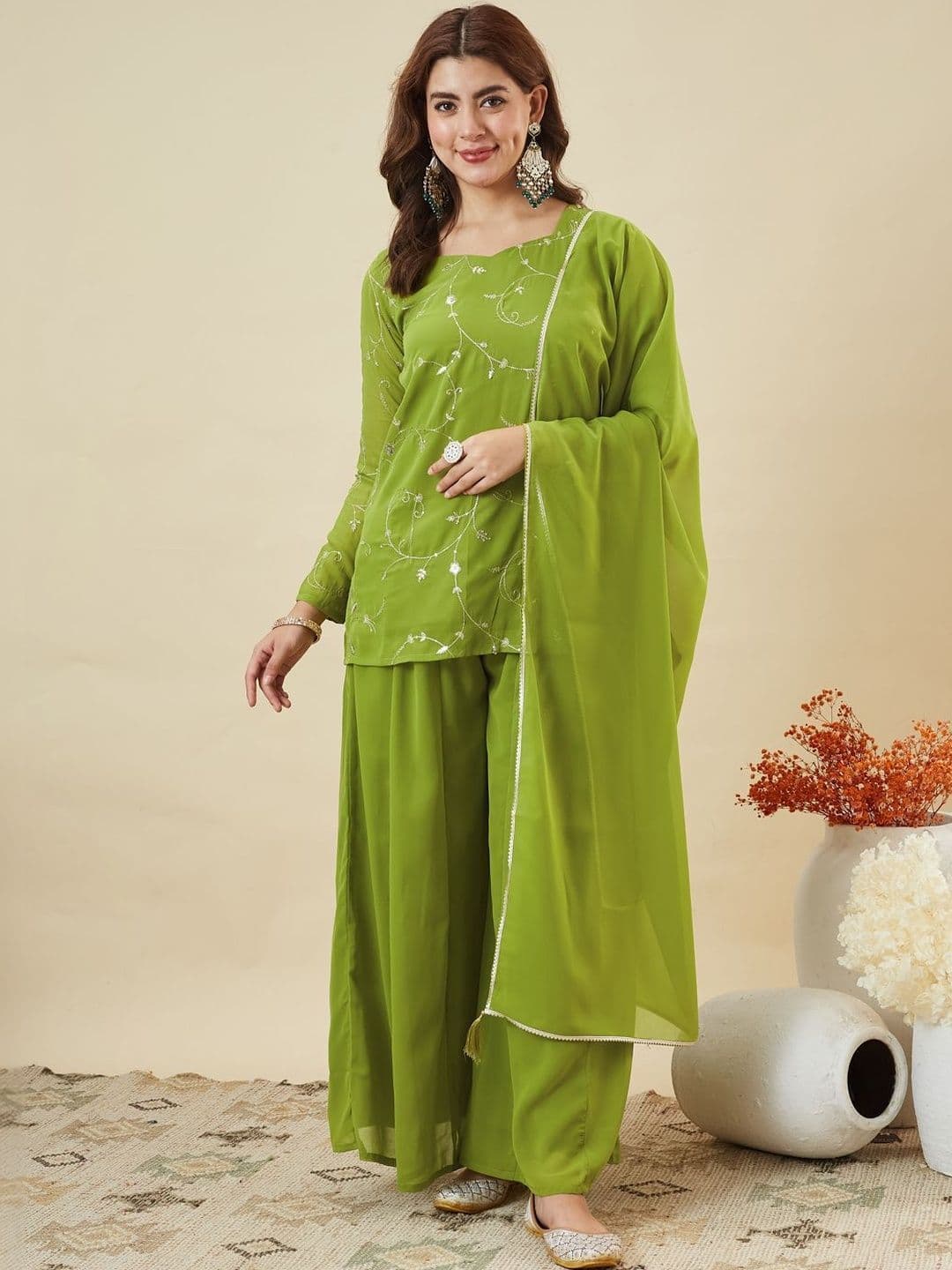 MOKOSH Women Ethnic Motifs Embroidered Regular Thread Work Kurta with Palazzos & With Dupatta - view 1
