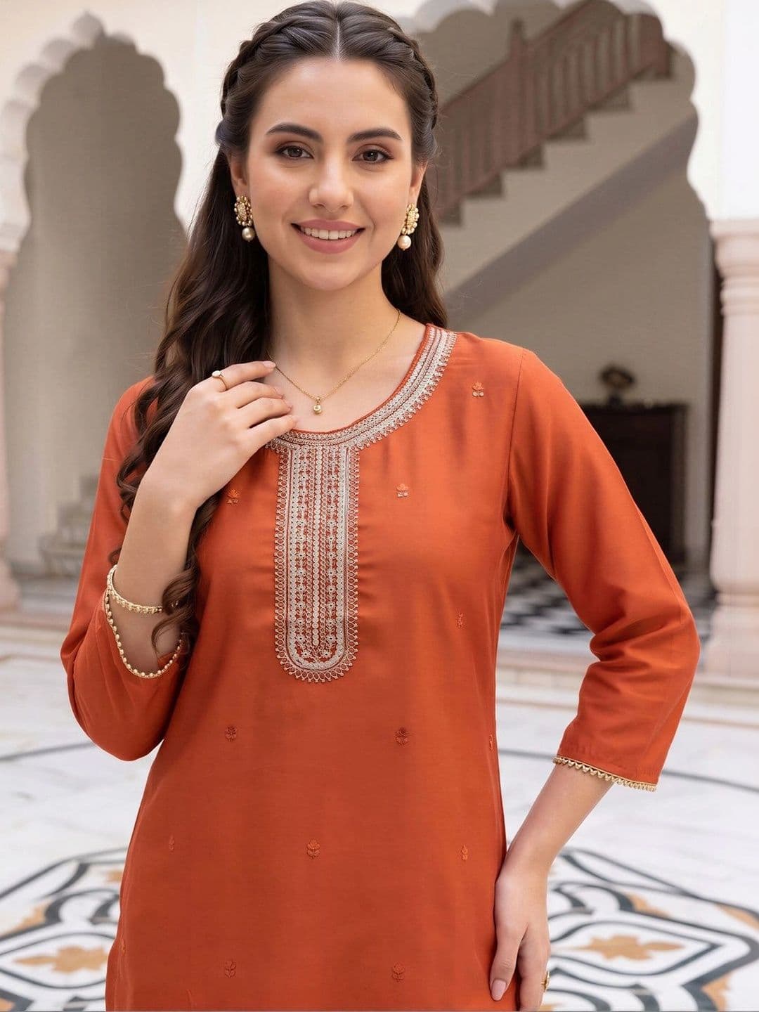 Indo Era Women Ethnic Motifs Embroidered Regular Thread Work Kurta with Trousers & With Dupatta thumbnail 2
