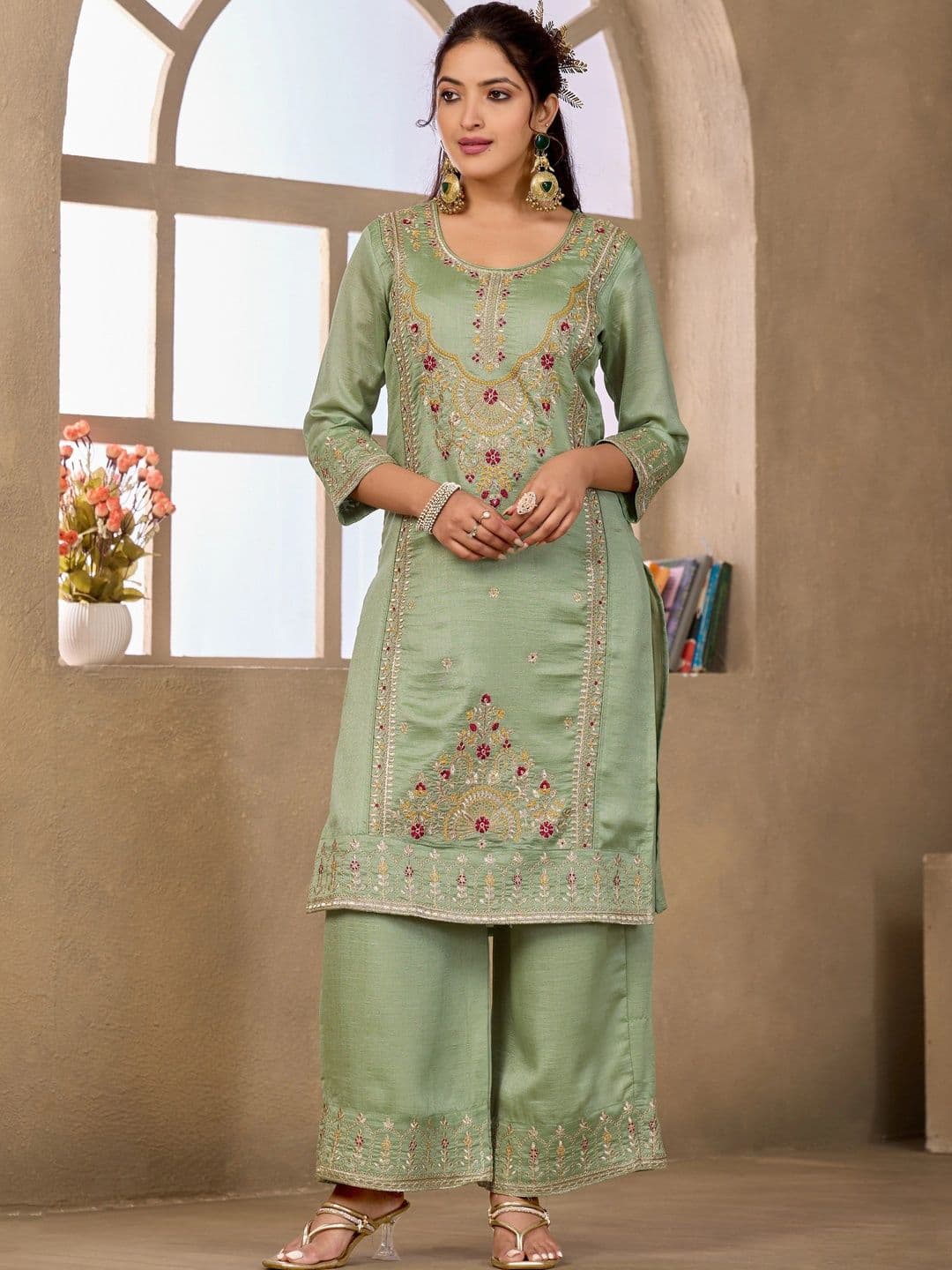 Sangria Embroidered Tunic with Palazzos thumbnail 4