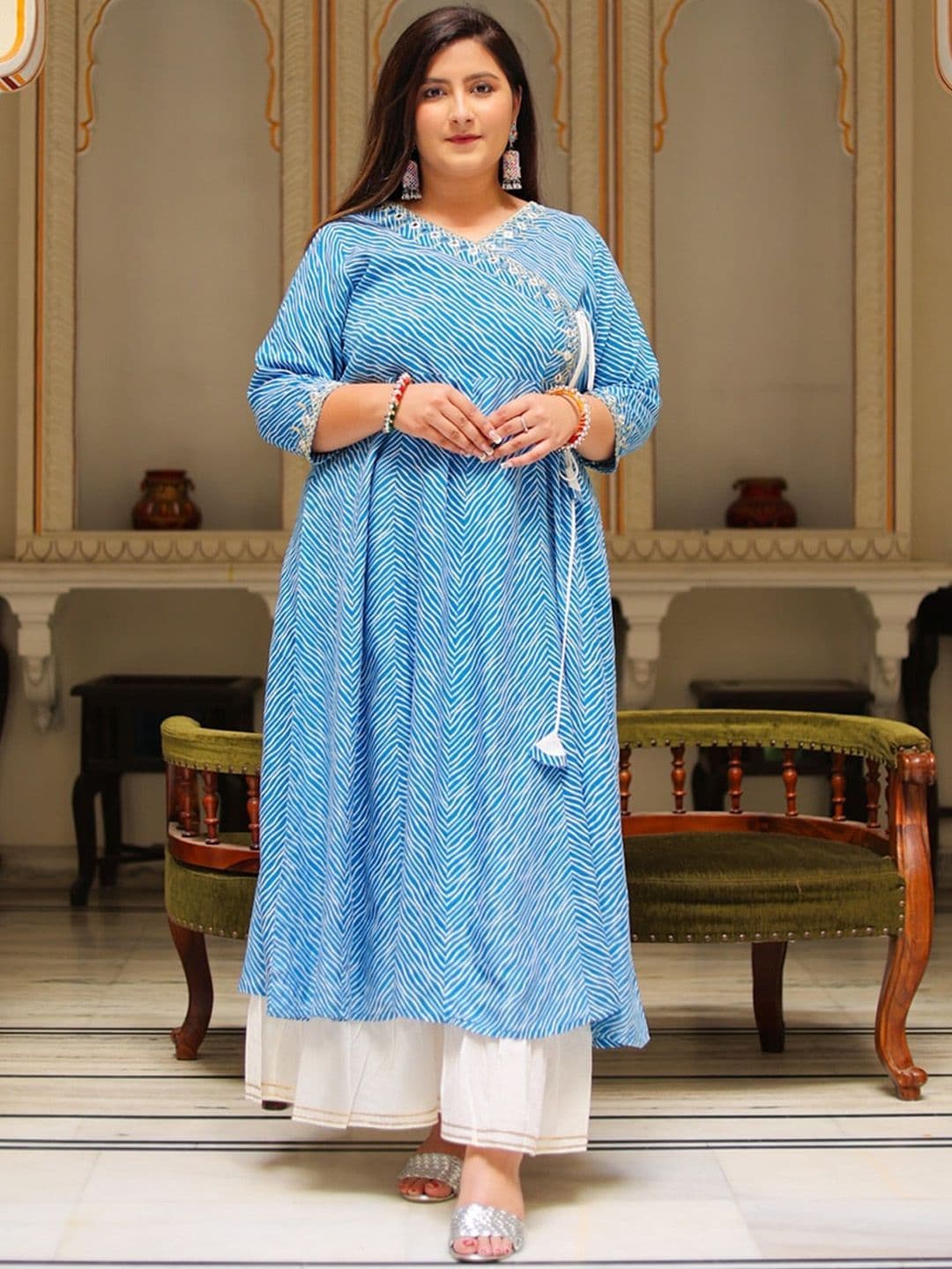KALINI Plus Size Printed Mirror Work Angrakha Kurta - view 1