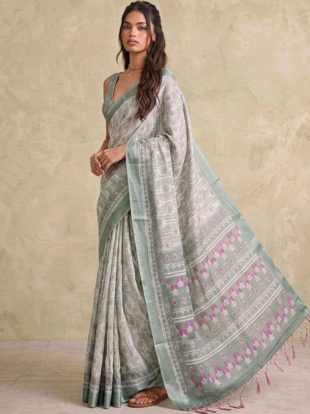 SAARA Zari,Screen Printed Linen Saree thumbnail 5
