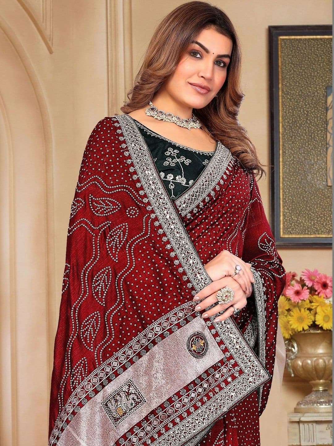 SmileyFashion Embellished Embroidered Art Silk Designer Saree thumbnail 3