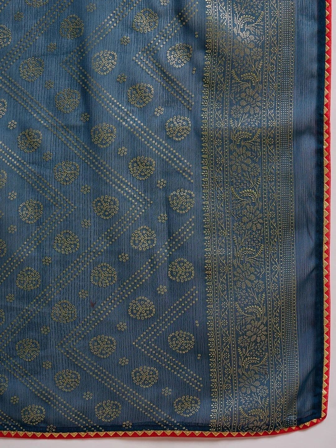 Sangria Embellished Zari Poly Chiffon Designer Bandhani Saree thumbnail 7
