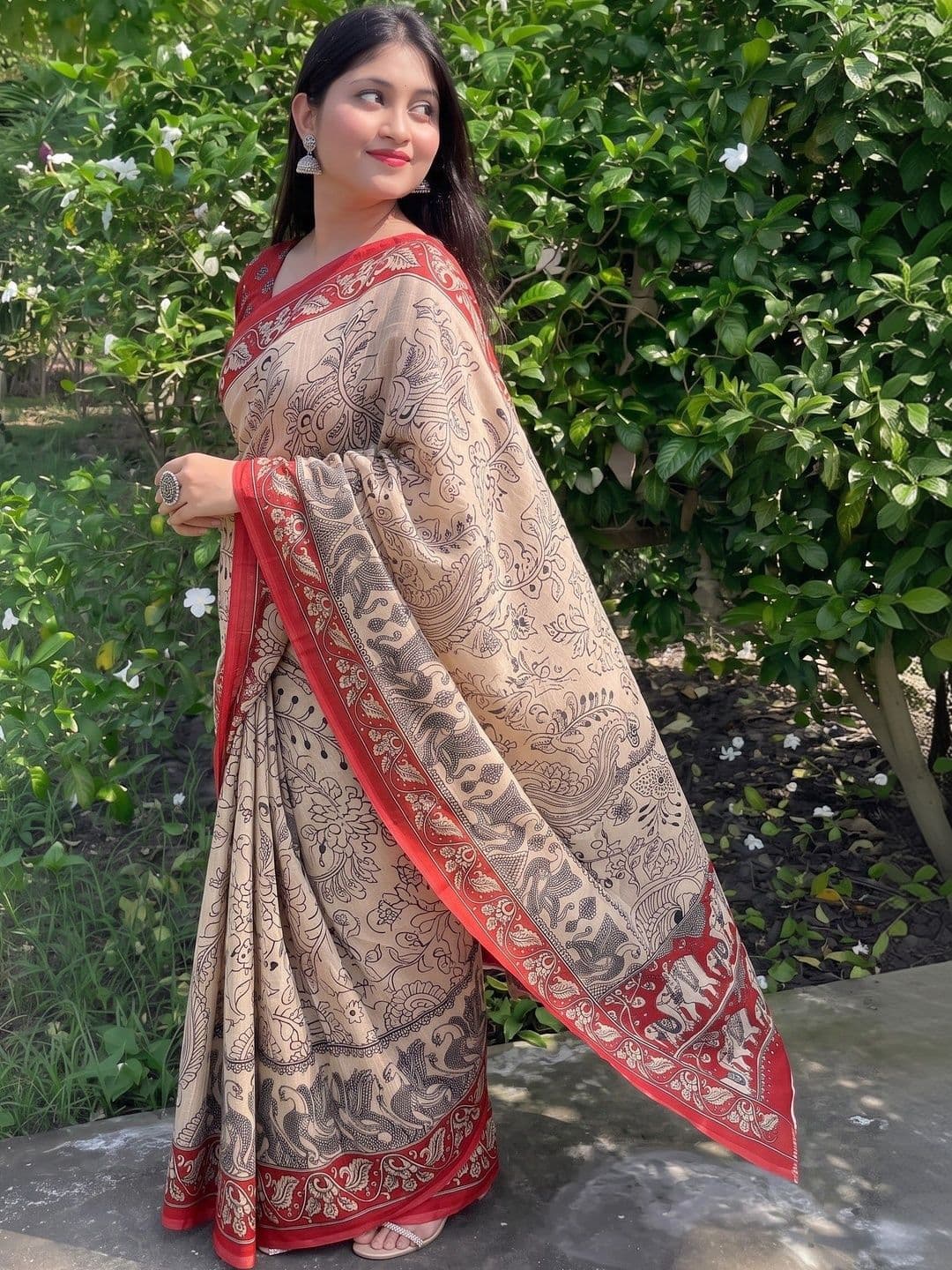 IndianRang Kalamkari Linen Blend Designer Saree thumbnail 3