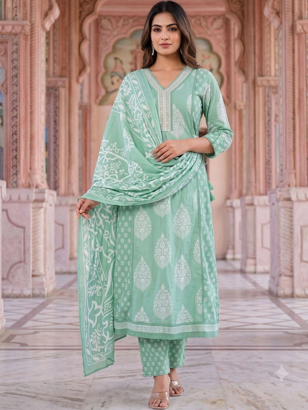 KALINI Women Ethnic Motifs Printed Angrakha Sequinned Pure Cotton Kurta with Trousers & With Dupatta - view 1