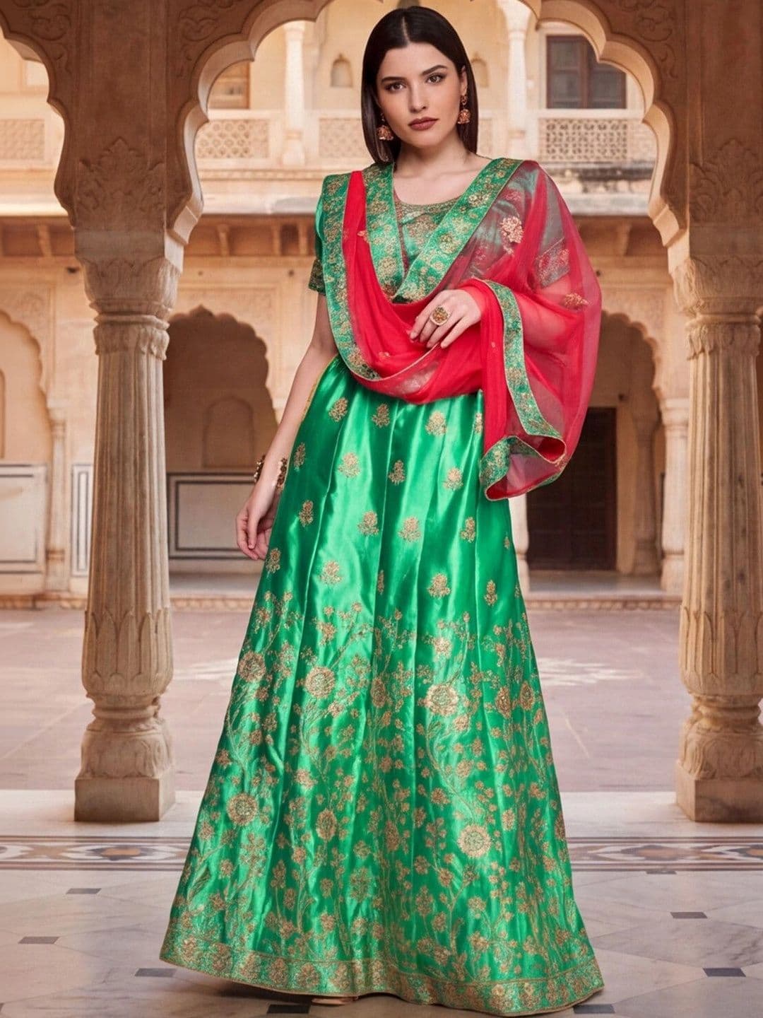 Mitera Embroidered Semi-Stitched Lehenga & Unstitched Blouse With Dupatta thumbnail 3