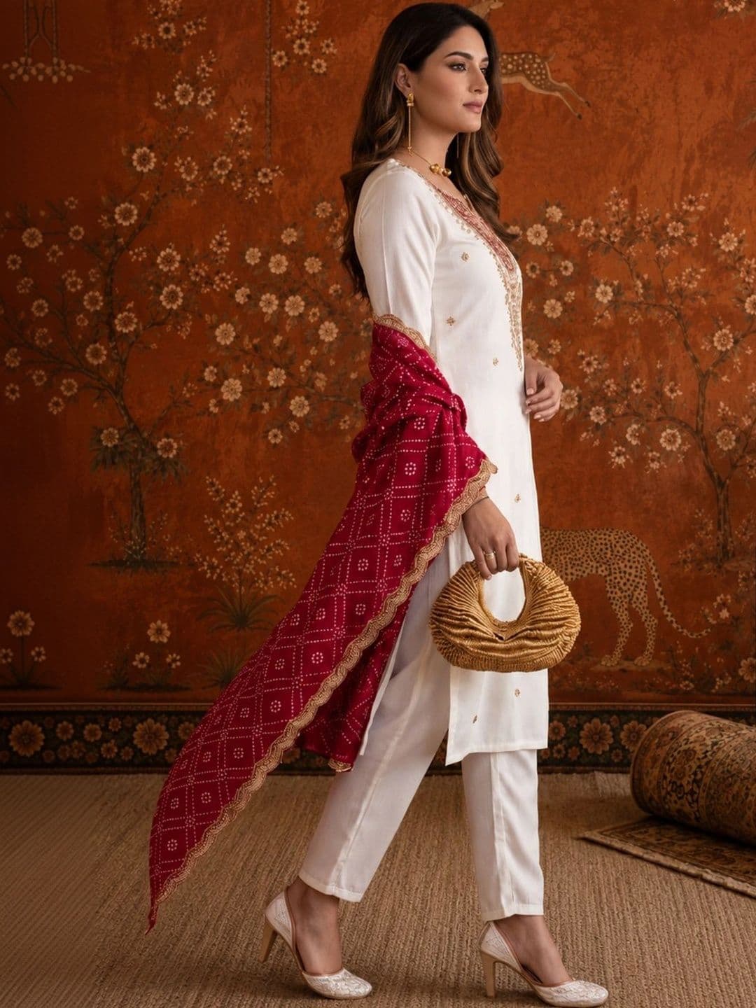 Sangria Women Ethnic Motifs Embroidered Regular Kurta with Trousers & With Dupatta thumbnail 6