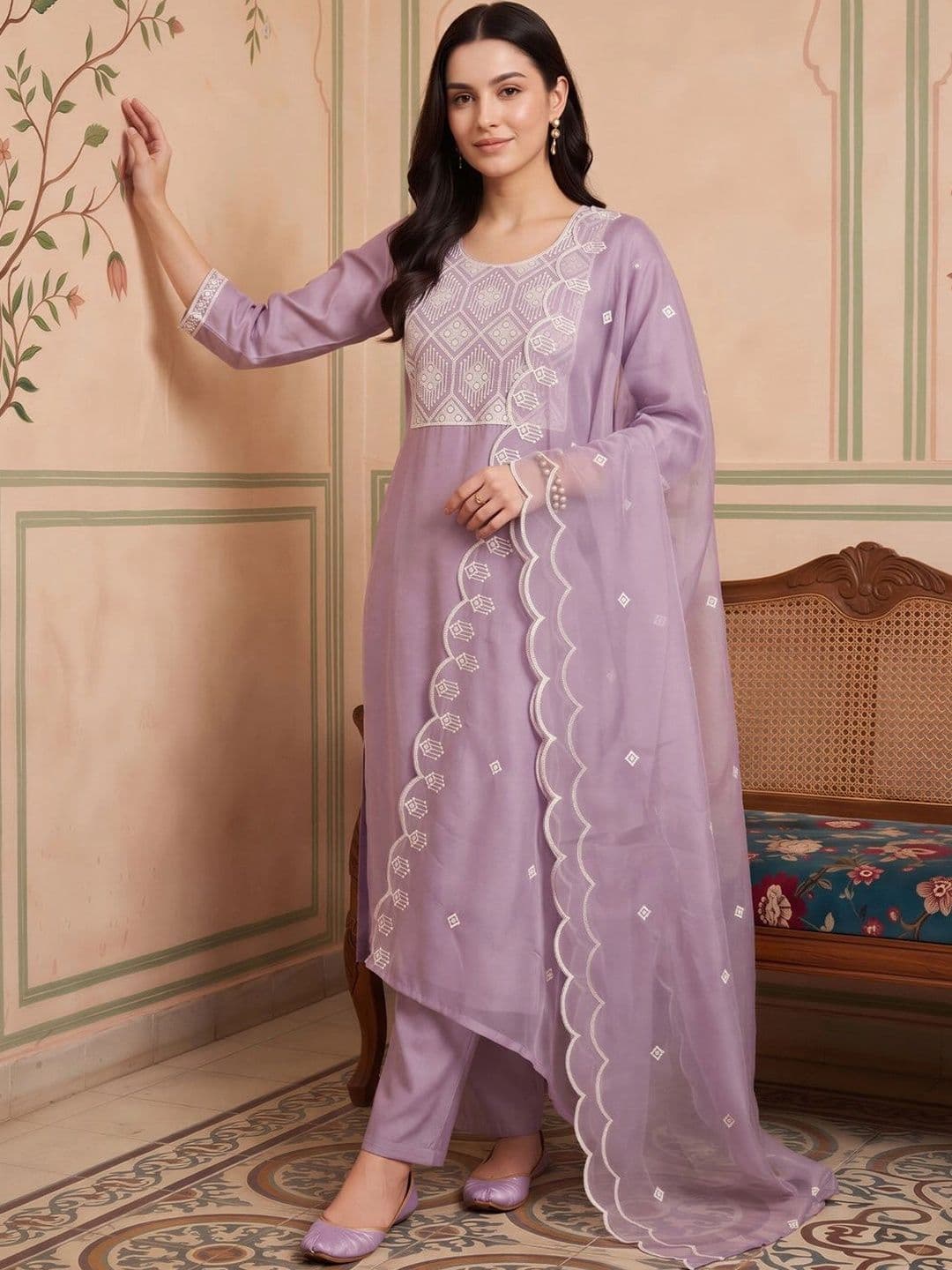 Indo Era Women Regular Thread Work Kurta with Trousers & With Dupatta - view 1