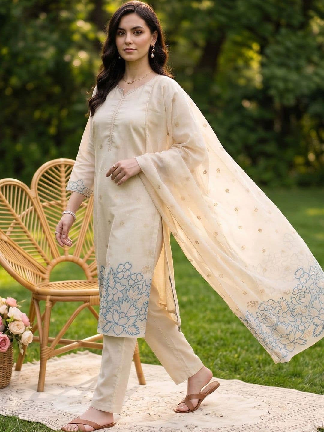 Indo Era Women Ethnic Motifs Embroidered Regular Thread Work Kurta with Trousers & With Dupatta thumbnail 2
