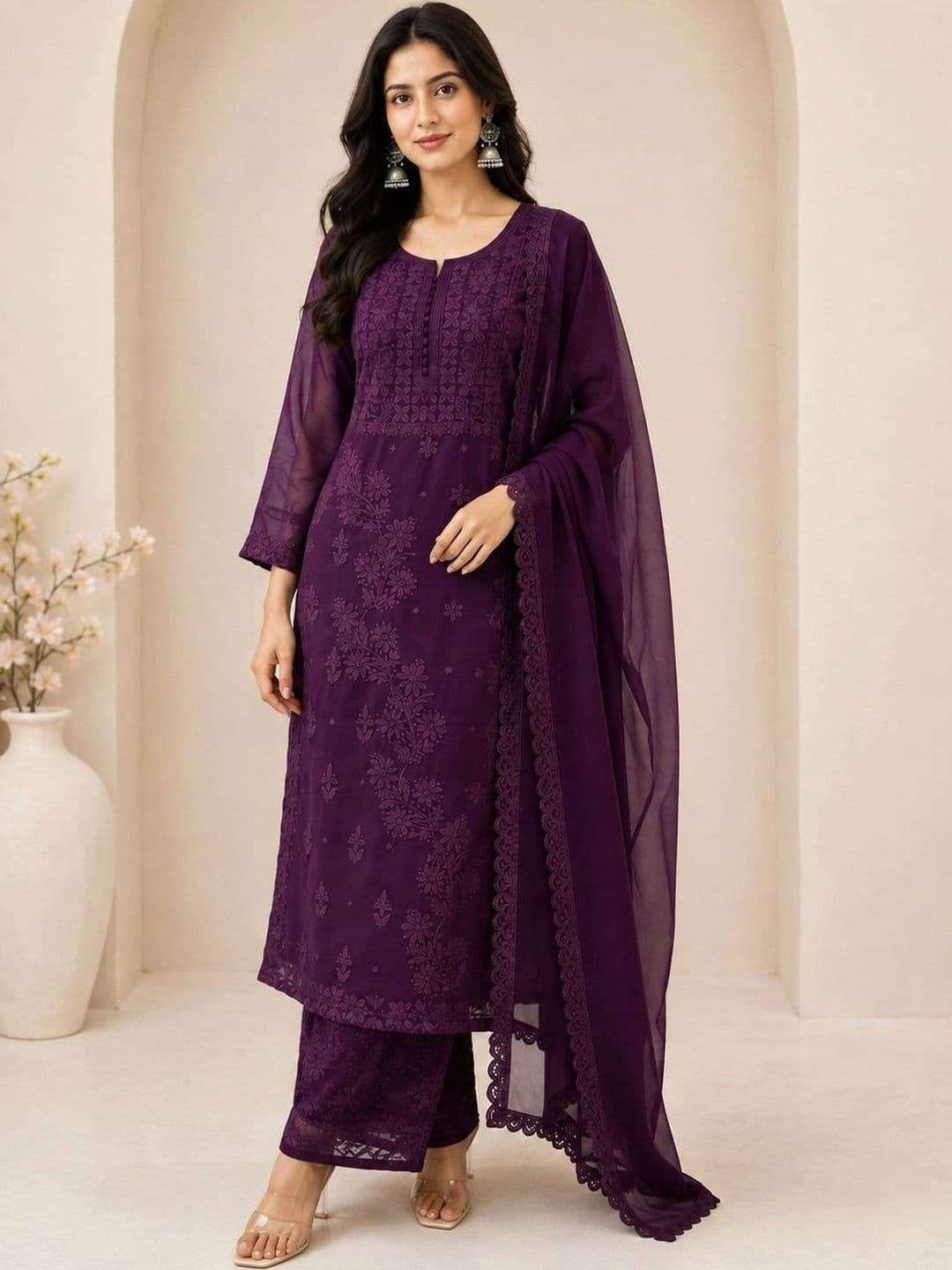 Meghrika Ethnics Women Ethnic Motifs Embroidered Regular Thread Work Kurta with Palazzos & With Dupatta - view 1